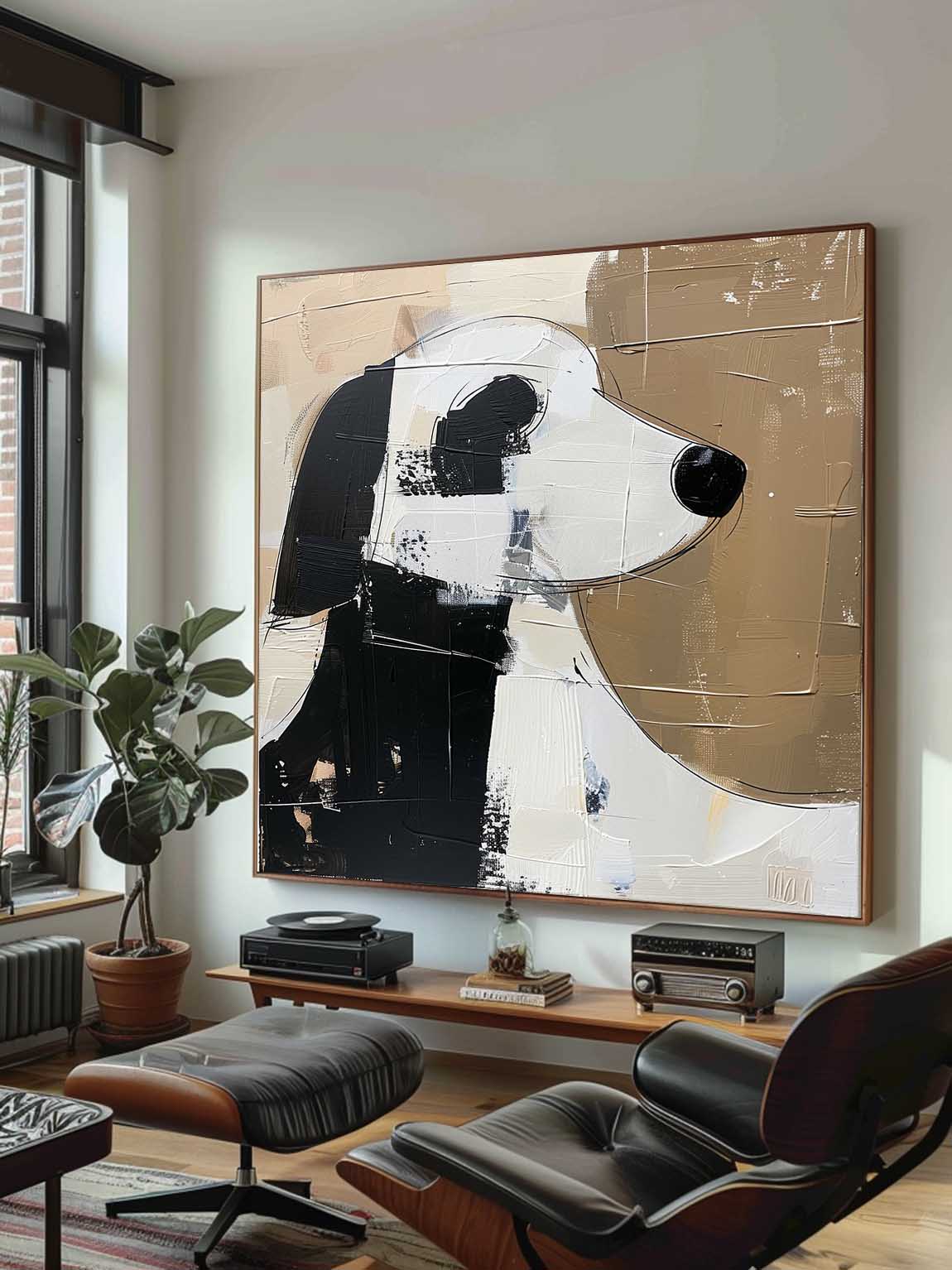 Vintage White And Black Dog Canvas Art Large Retro Minimalist Abstract Art Large Canvas Artwork