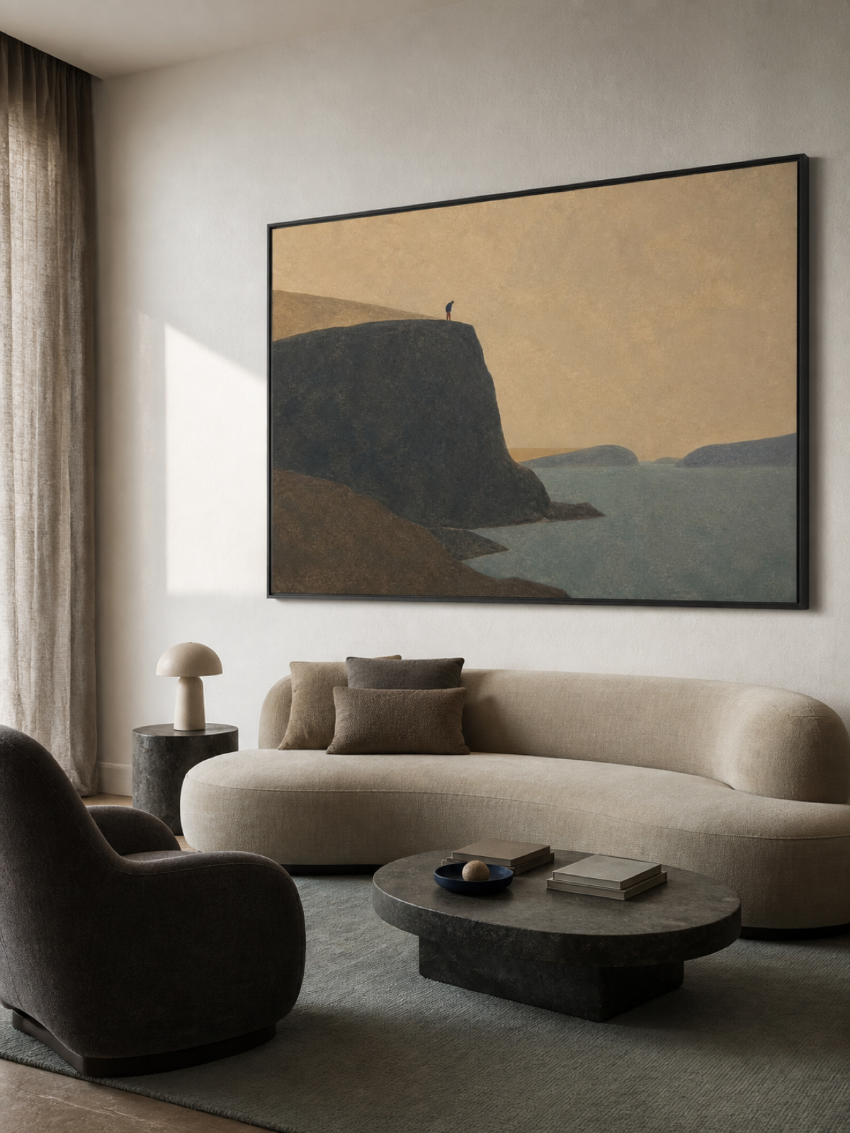 Minimalist Cliff Traveler Painting Hand-Painted Blue Inlet Wall Art