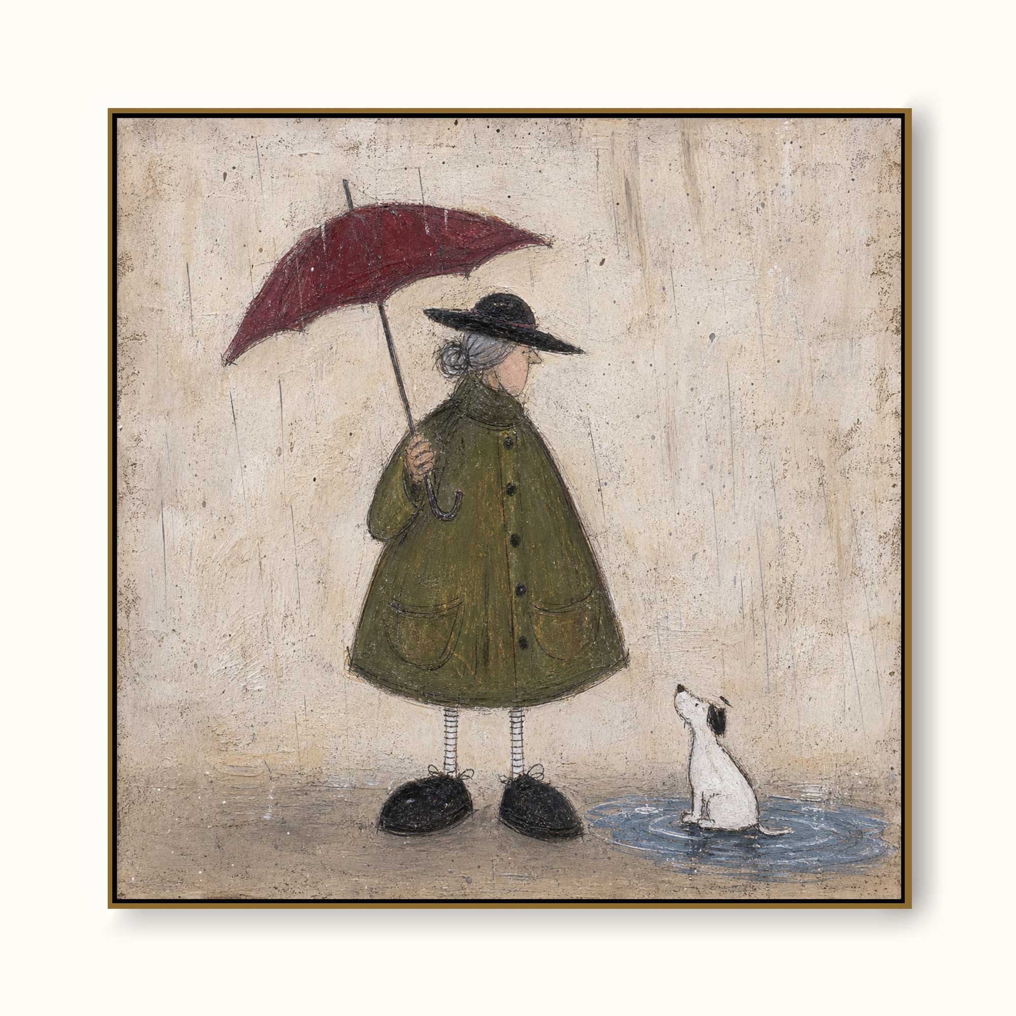 Vintage Man With Dog Painting Red Umbrella Retro Wall Art For Living Room