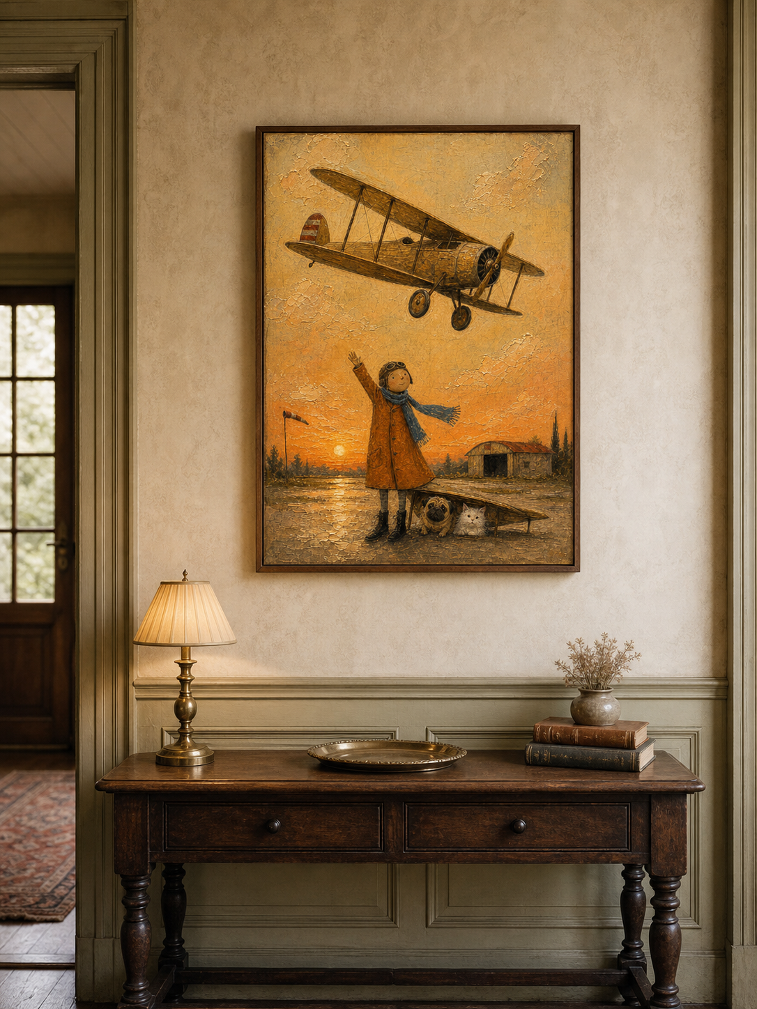 Whimsical Vintage Airplane Painting For Kids Room With Pets And Sunset Glow Original Art