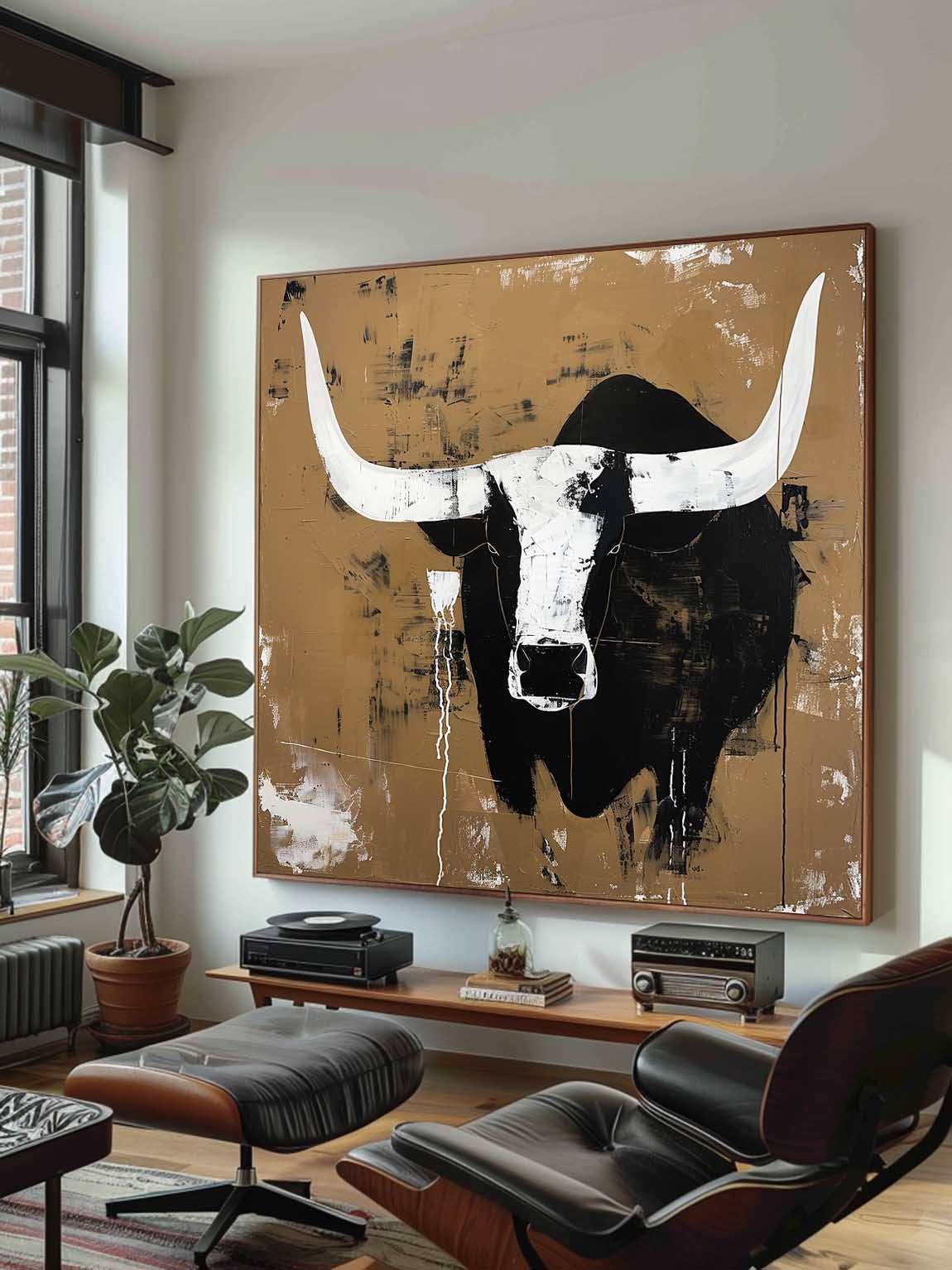 Retro White And Black Bull Horns Wall Art Vintage Bull Abstract Canvas Painting Large Bull Canvas Art
