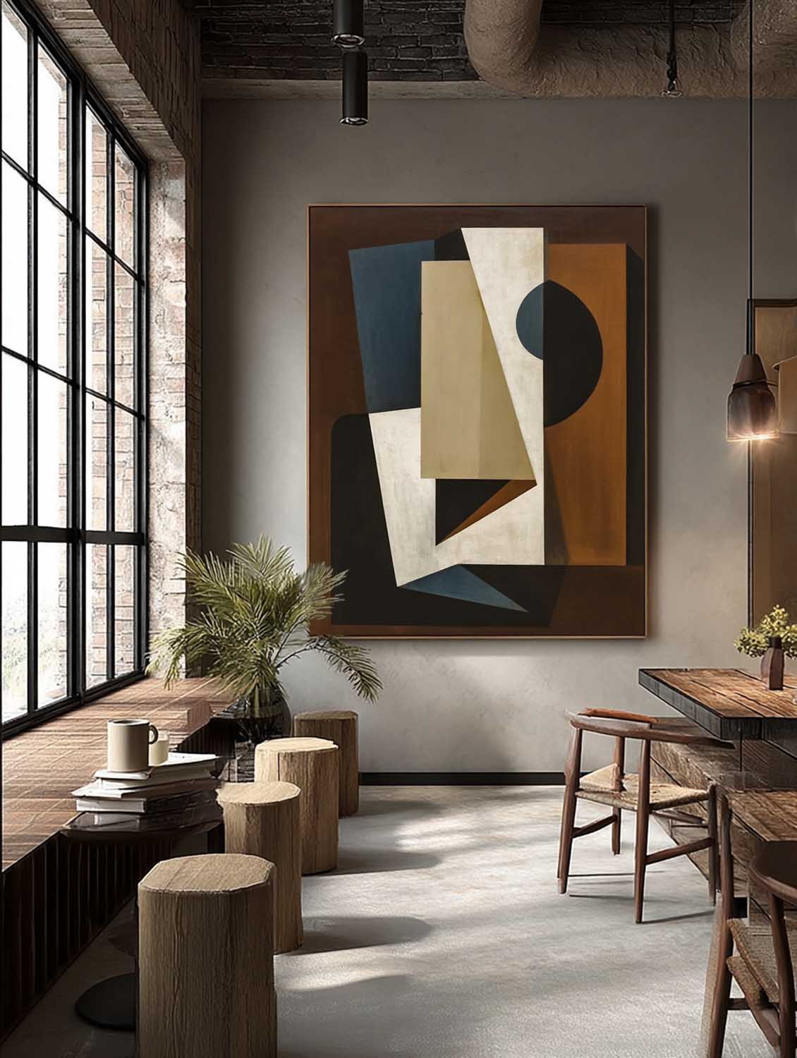 Large Minimalist Geometric Painting Abstract Earth Tone Wall Art Original Geometric Dark Oil Artwork