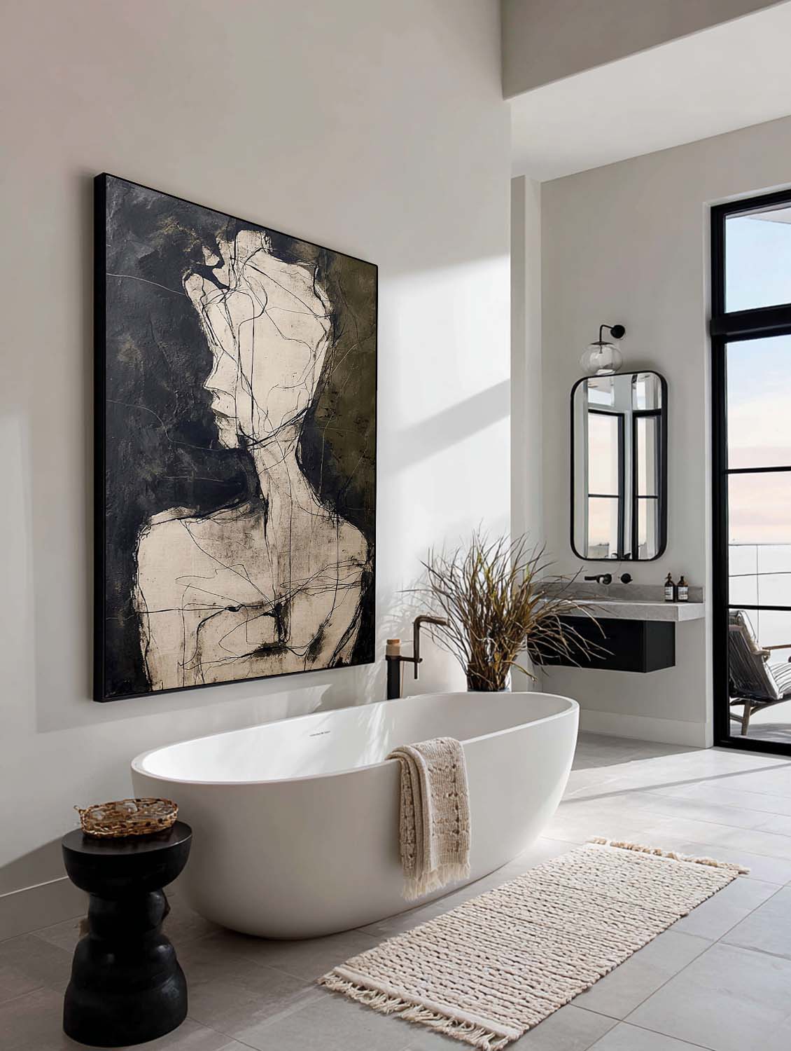 Contemporary Black and Beige Minimalist Figure Painting Minimalist Figurative Wall Art Organic Line Drawing Oil Artwork