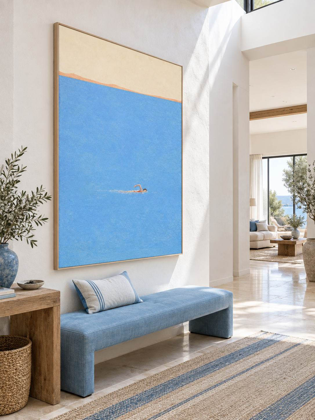 Swimmer In Endless Blue Sea Hand-Painted Canvas Wall Art