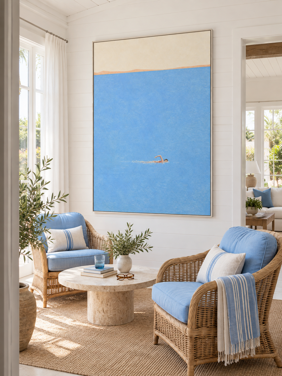 Swimmer In Endless Blue Sea Hand-Painted Canvas Wall Art