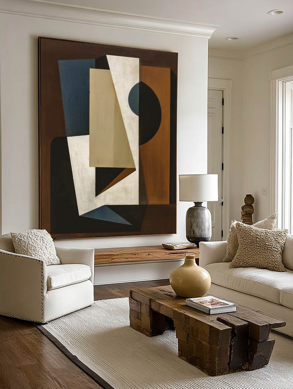 Large Minimalist Geometric Painting Abstract Earth Tone Wall Art Original Geometric Dark Oil Artwork