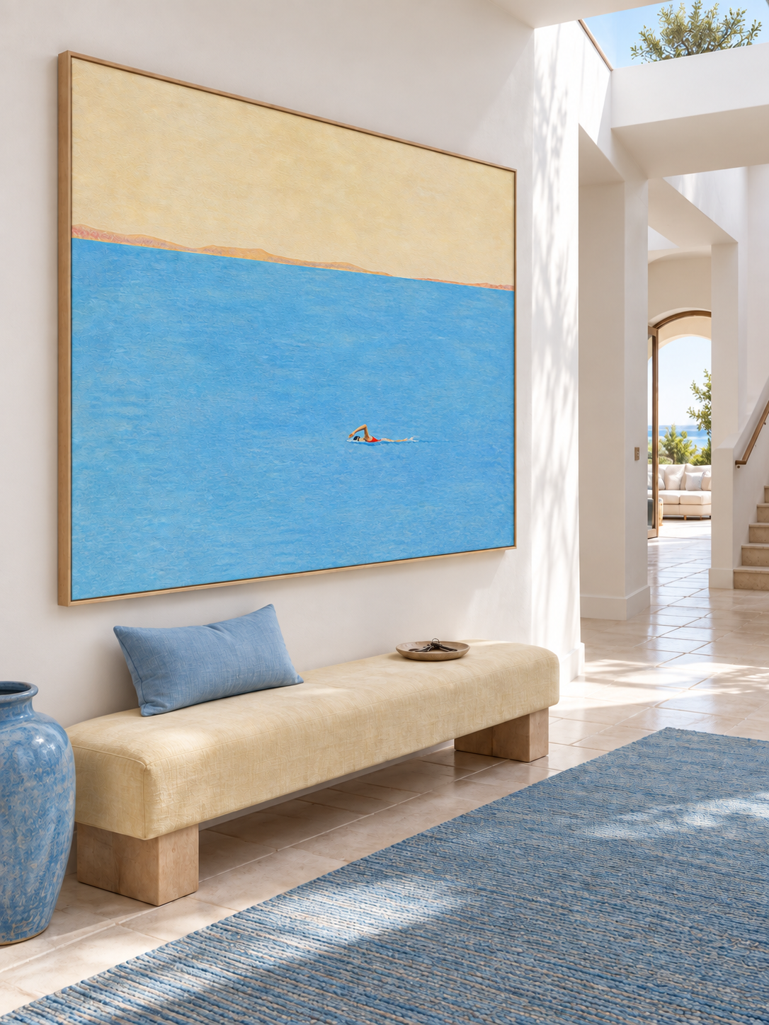 Minimalist Freestyle Swimmer Art For Serene Coastal Interior Design Spaces
