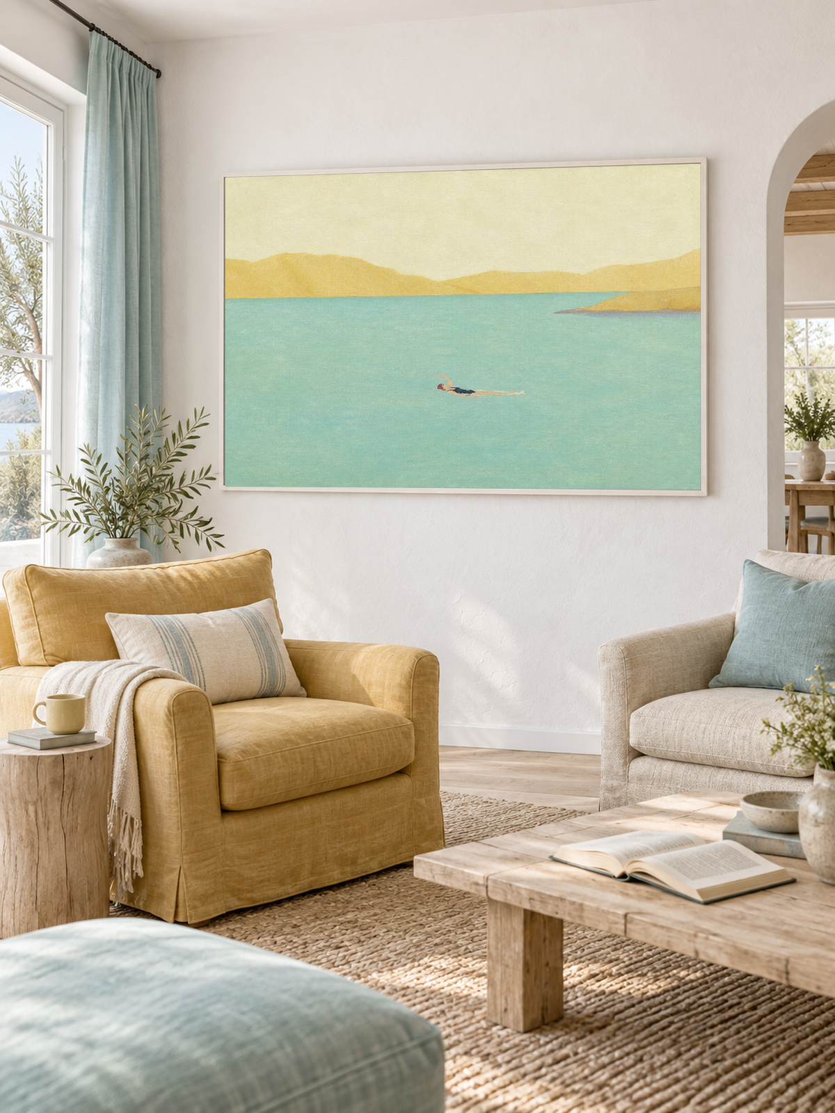 Solitary Swimmer In Turquoise Bay Hand-Painted Canvas Art With Golden Mountains