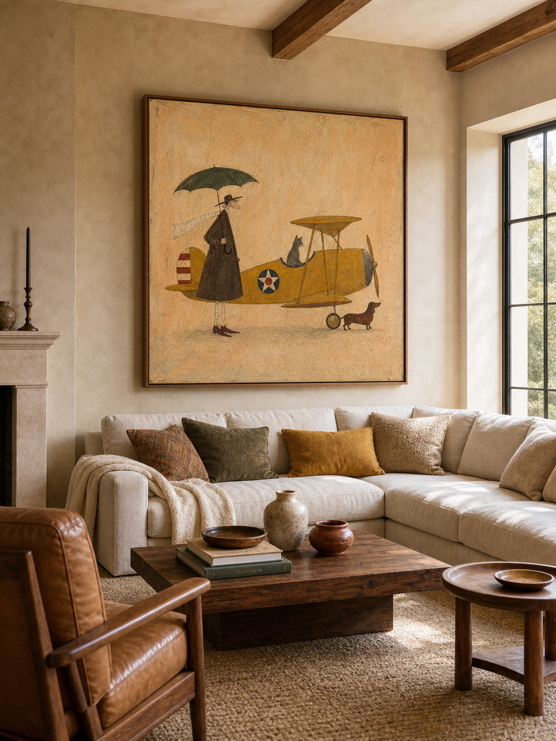 Whimsical Vintage Airplane Painting With Cat And Dog For Eclectic Home Decor