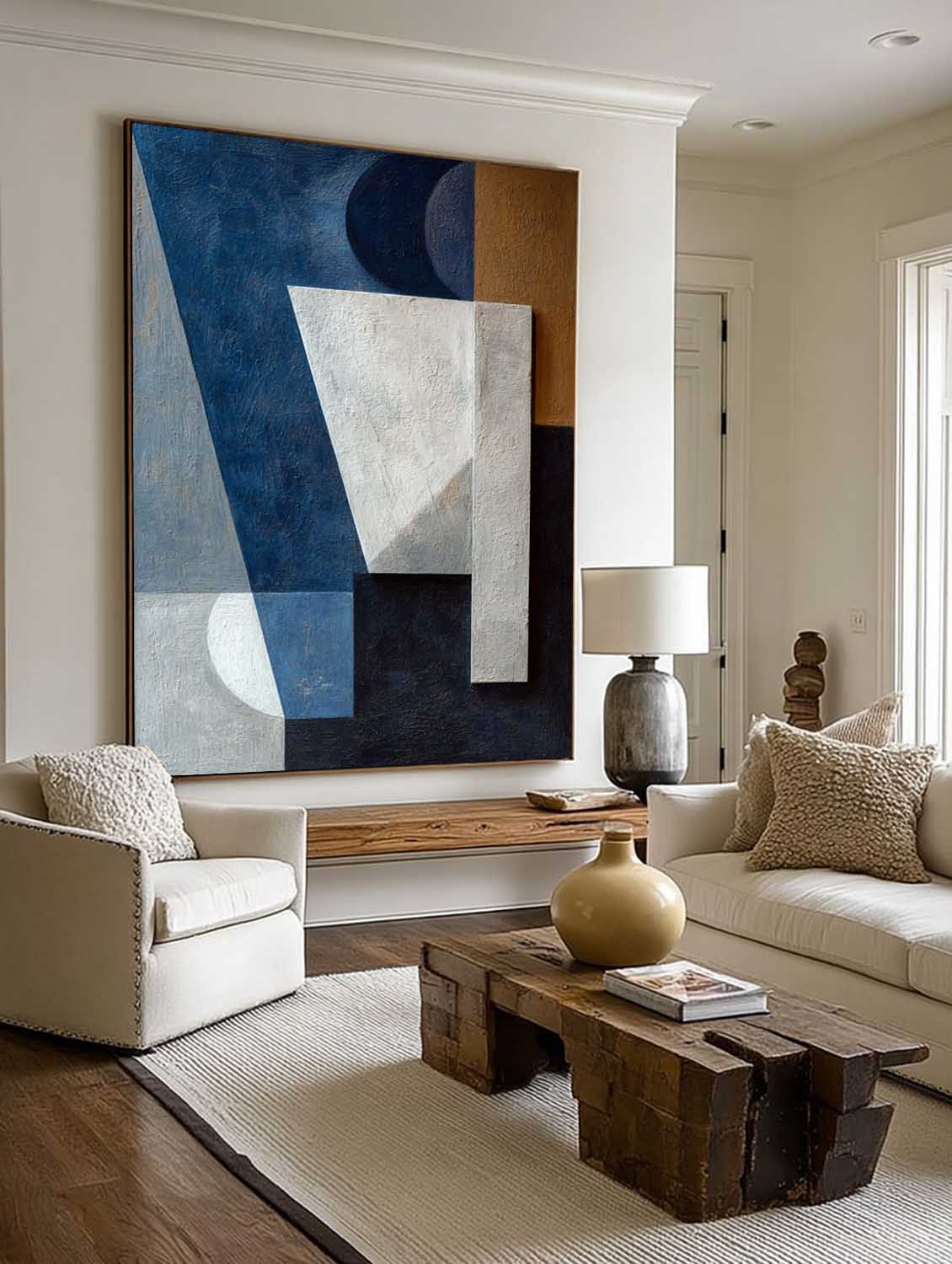 Minimalist Dark Blue Canvas Art Geometric Canvas Art For Modern Home Large Navy Blue Geometric Abstract Painting
