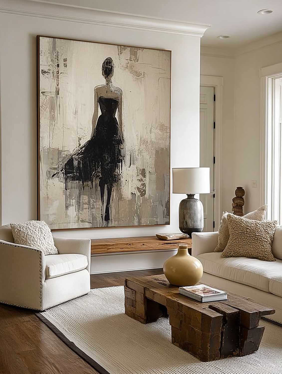 Handmade Modern Woman Art In Black Dress Large Wabi Sabi Female Painting Neutral Abstract Female Figure Oil Painting