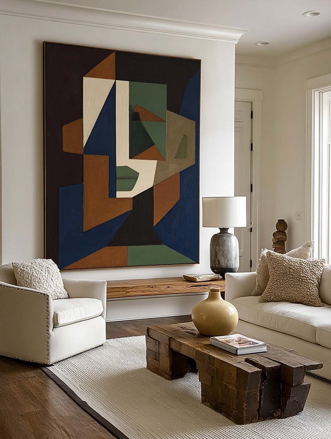 Original Abstract Face Oil Painting On Canvas Large Minimalist Geometric Portrait Wall Art Neutral Toned Abstract Face Art