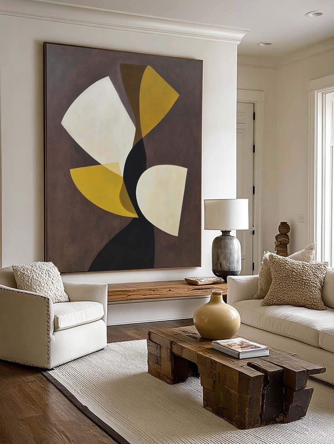 Large Yellow And Cream Abstract Wall Art Minimalism Leaf Shape Wall Art Handmade Yellow And Beige Abstract Canvas Art