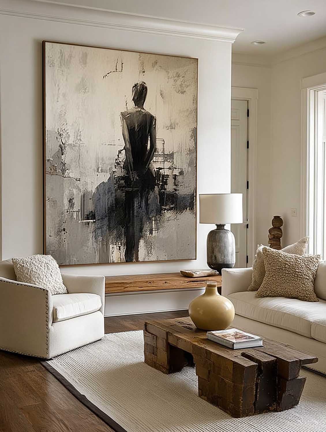 Minimalist Abstract Lady Canvas Artwork Handmade Black And Beige Lady Oil Painting Handmade Abstract Woman In Black Dress Oil Painting