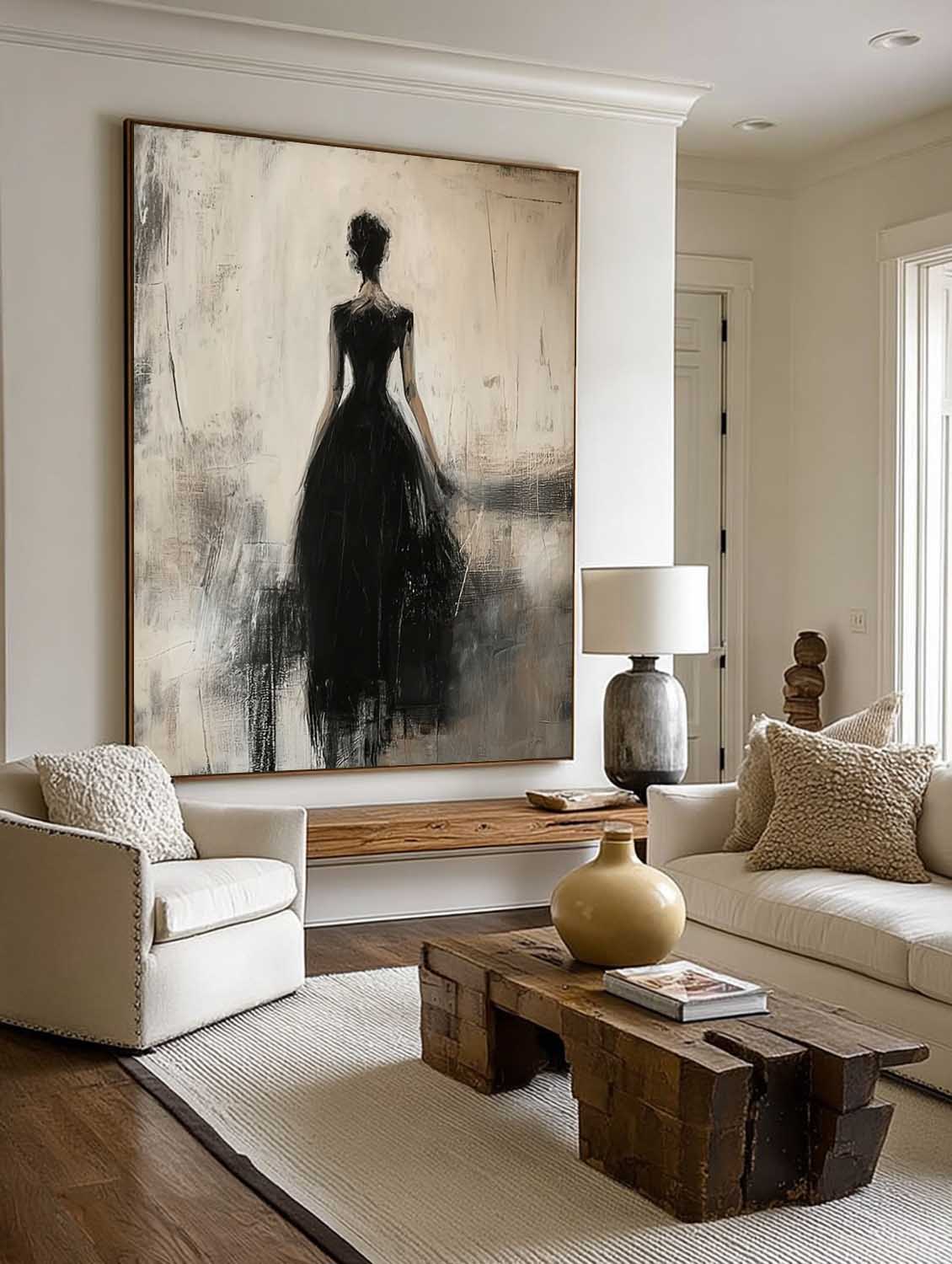 Contemporary Lady Painting In Black Dress Black Wabi-Sabi Abstract Painting Beige And Black Lady Canvas Art