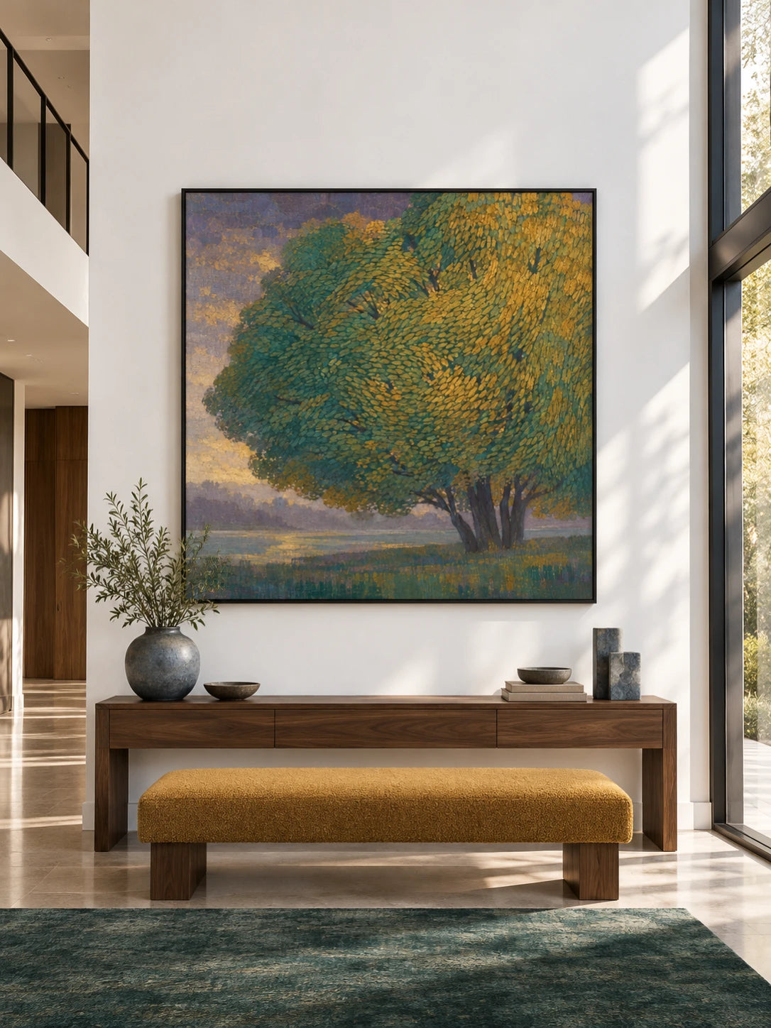 Majestic Tree By Lake Hand-Painted Canvas Art In Gold And Green
