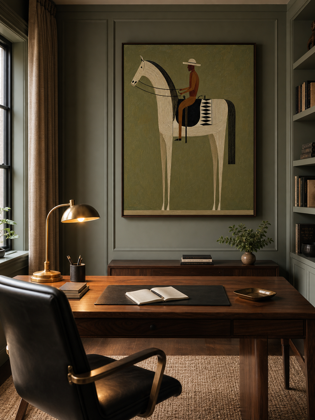 Retro Minimalist Horse And Rider Painting With Earthy Tones For Modern Home Decor