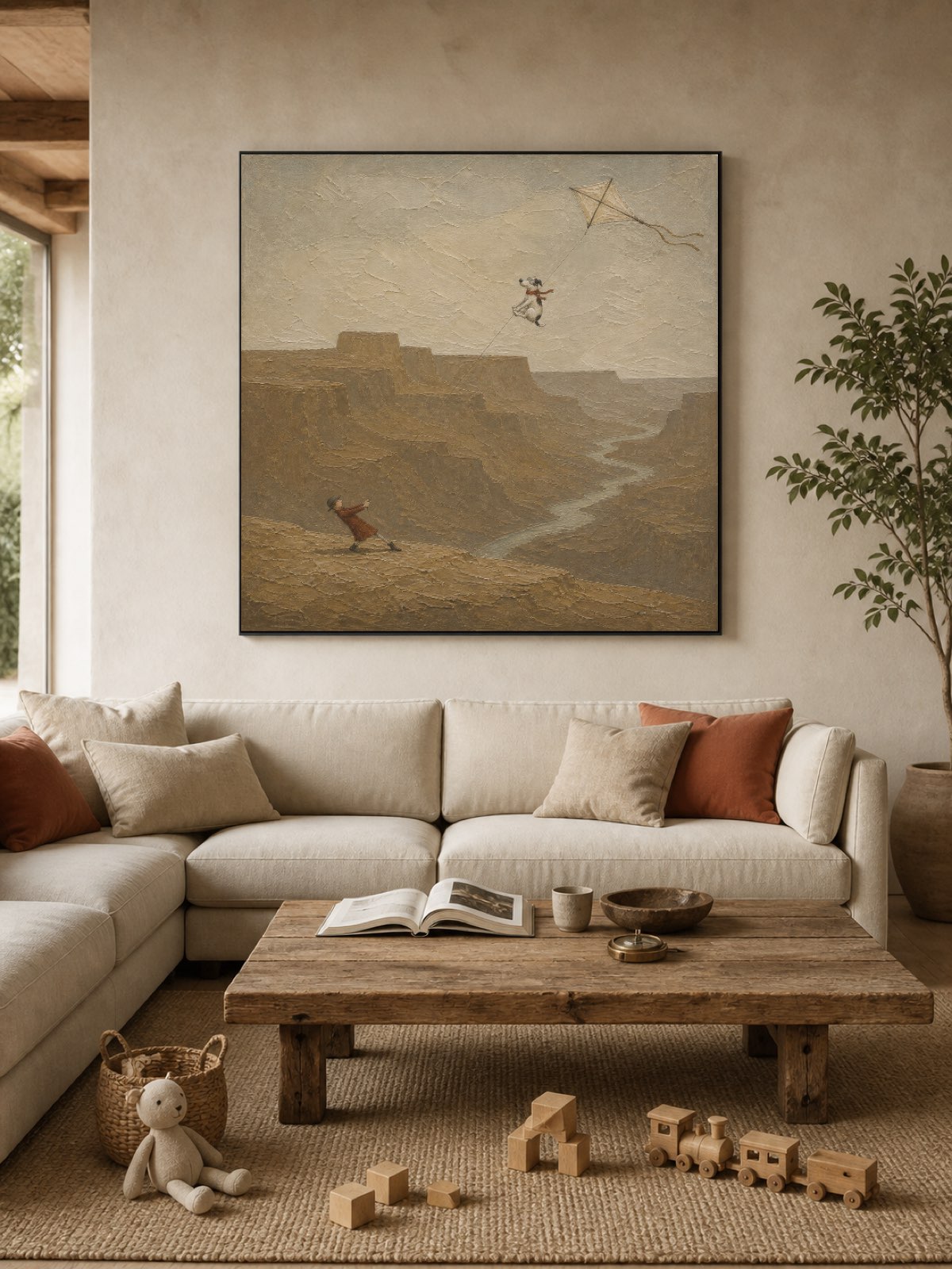 Textured Dog Painting With Canyon Landscape Ideal For Modern Living Rooms