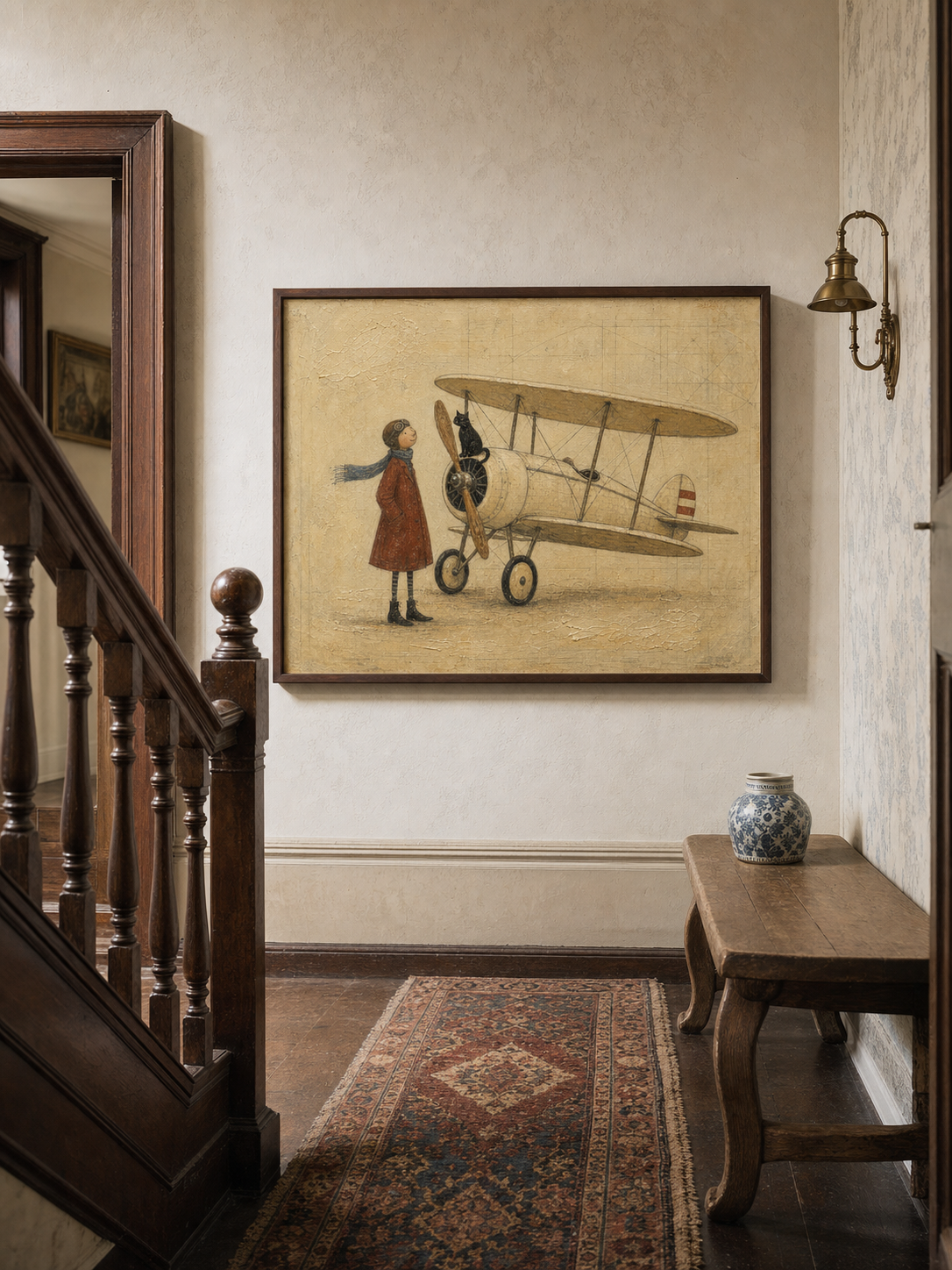 Vintage Pilot Painting With Biplane And Cat For Retro Home Decor