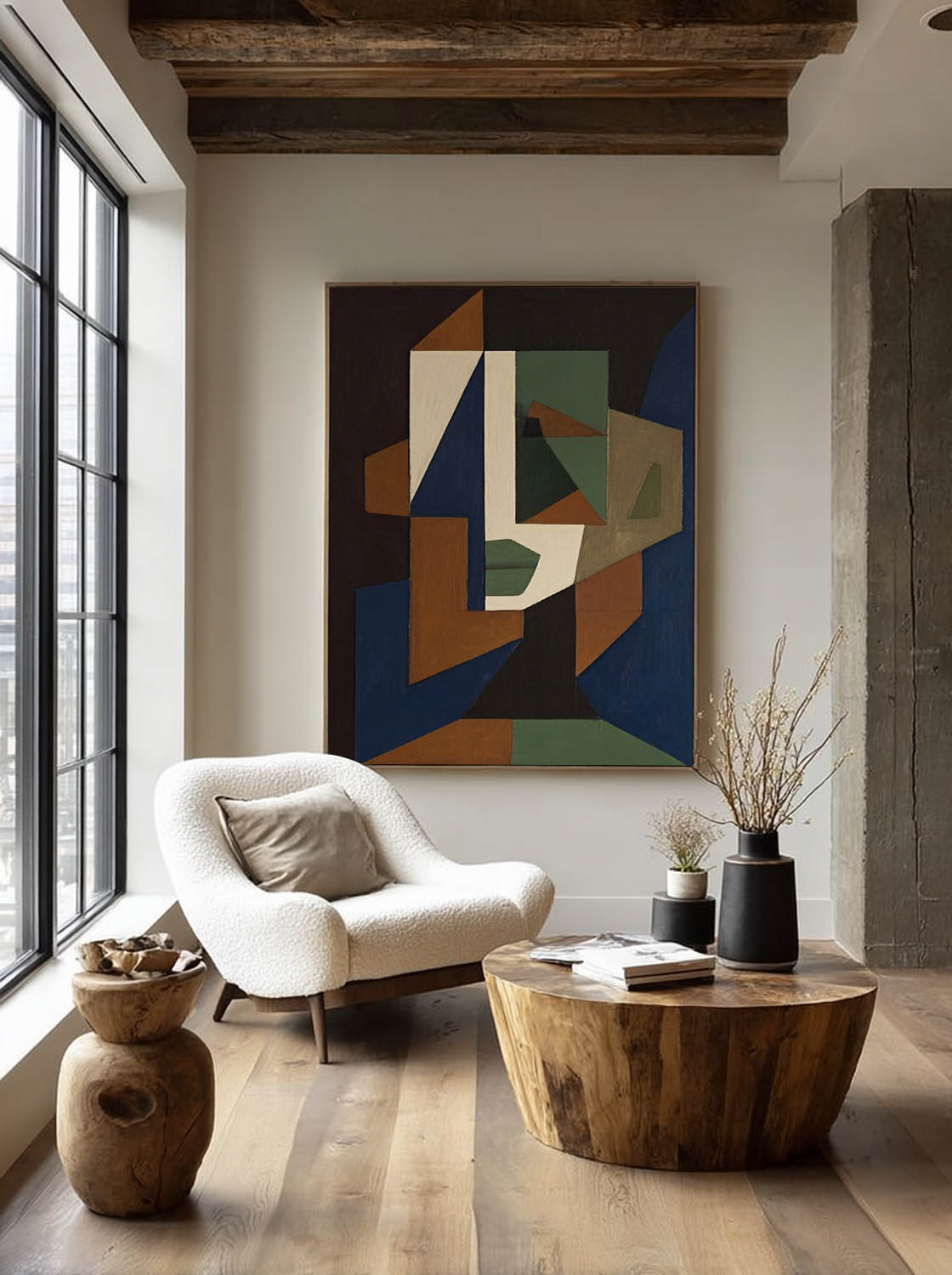 Original Abstract Face Oil Painting On Canvas Large Minimalist Geometric Portrait Wall Art Neutral Toned Abstract Face Art