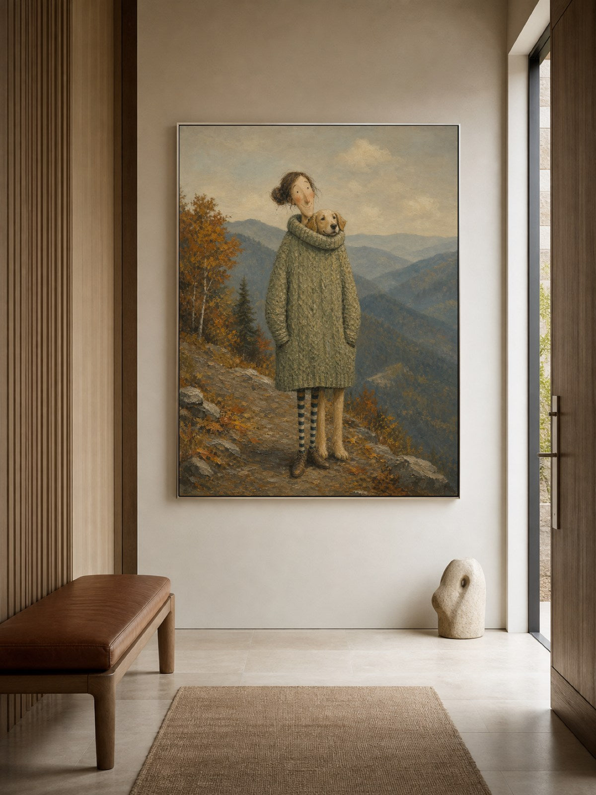 Vintage Woman And Dog Travel Painting For Cozy Living Room Decor