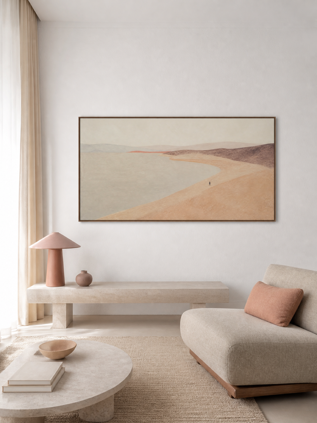 Large Pastel Shoreline Lone Figure Walking Along The Quiet Bay Canvas Art