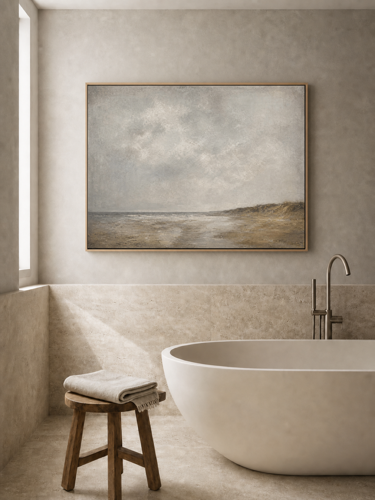Vintage Coastal Landscape Painting With Gray And Beige Tones For Living Room Decor