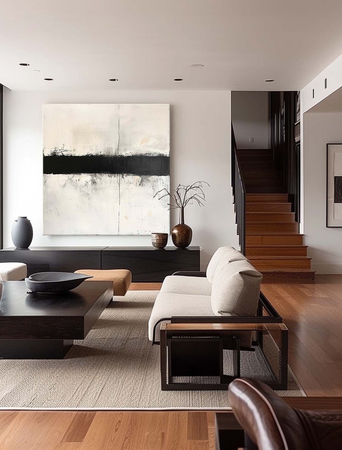 Retro Black And White Oil Painting Large Black Abstract Canvas Art Minimalist Black And White Abstract Wall Art