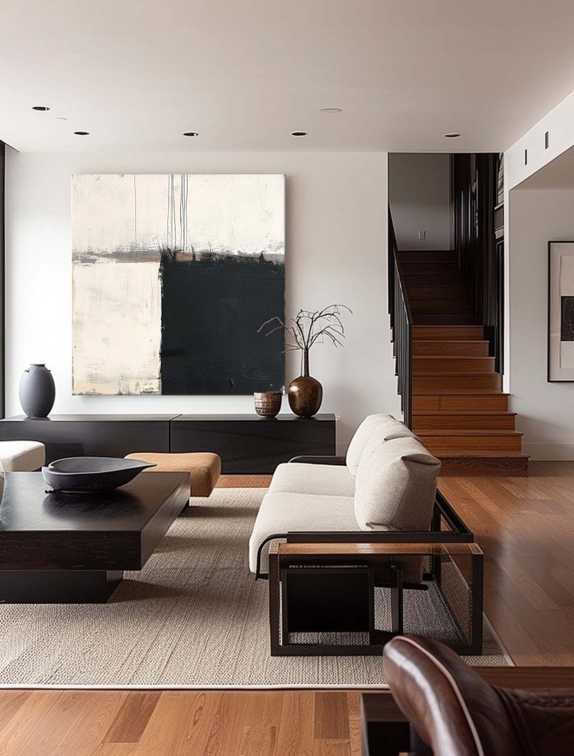 Vintage Black and White Abstract Oil Painting Large Black Minimalist Canvas Art Wabi Sabi Black And White Oil Painting