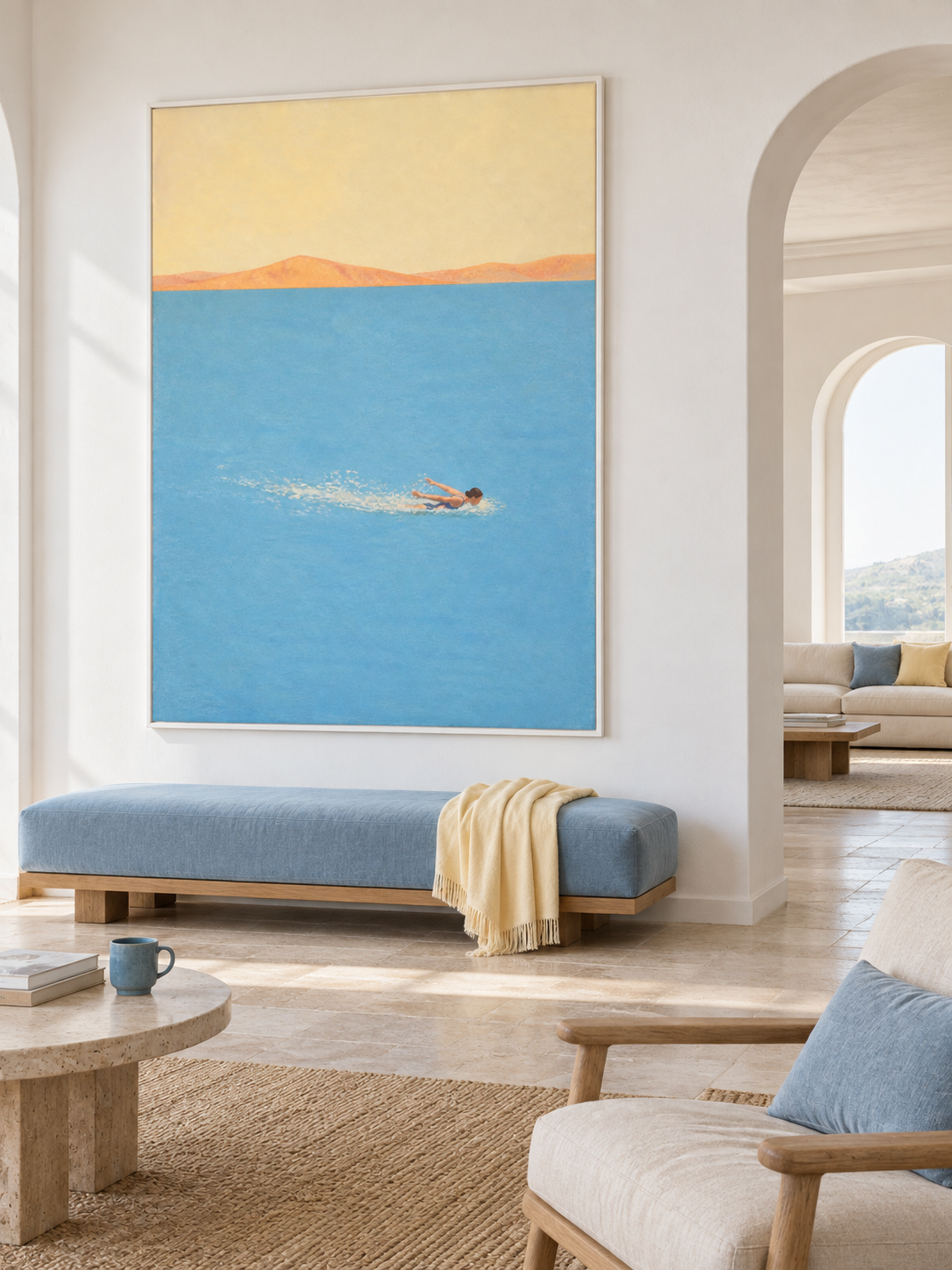 Woman Breaststroke Swimming In Blue Open Water Hand Painted Coastal Wall Art