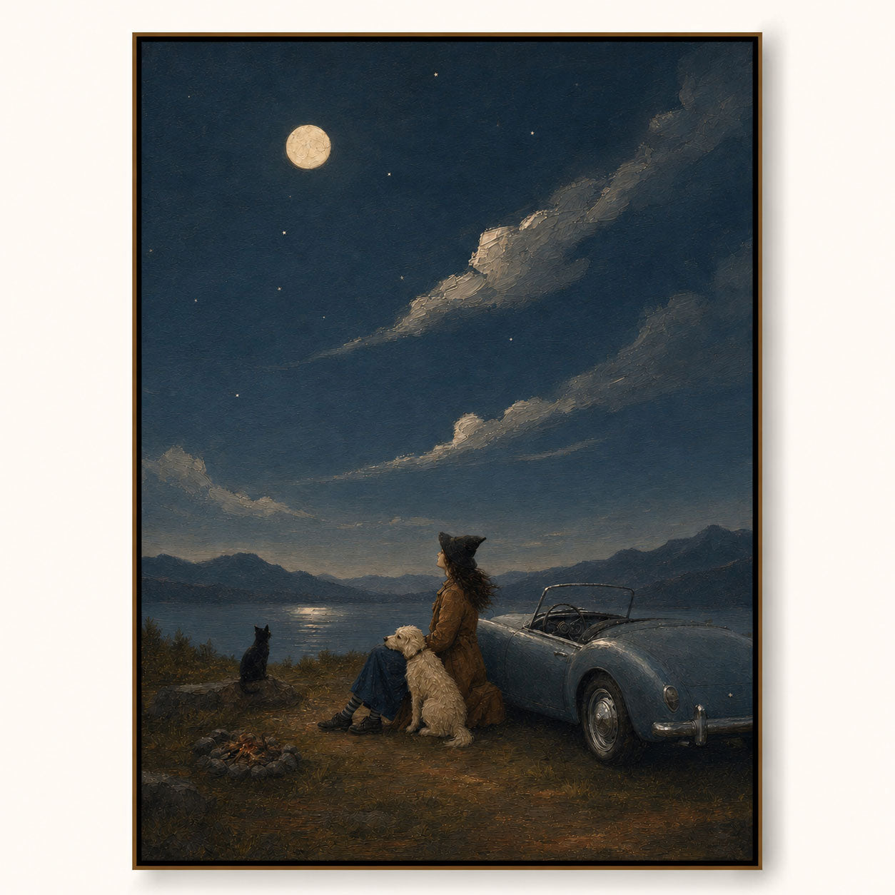 Vintage Car Painting With Dog And Moonlight Night Scene Wall Art For Living Room Decor