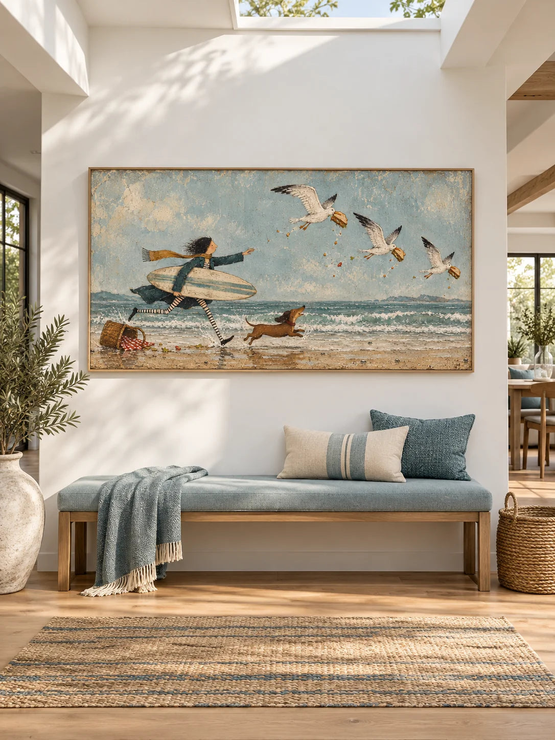 Whimsical Girl And Dachshund Beach Painting With Seagulls Hand-Painted Canvas Art
