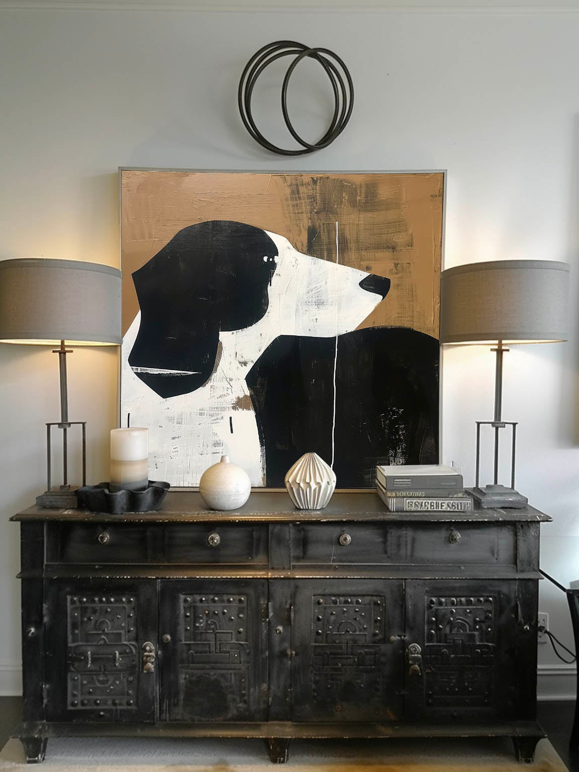 Vintage Dog Oil Painting Original Abstract Dog Wall Art Retro Black And White Dog Painting