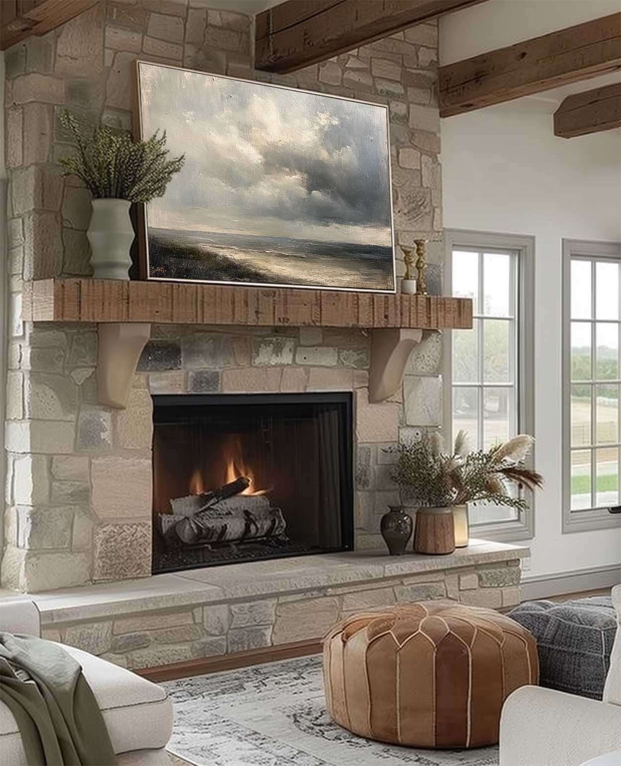 Moody Sky Vintage Painting Cloudy Sky Oil Painting Vintage Cloud Canvas Wall Art Grey Sky Painting