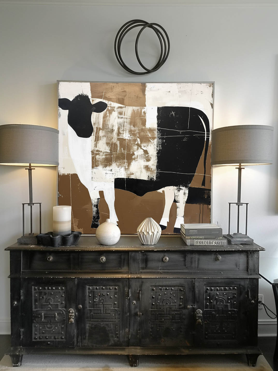 Vintage White And Black Bull Oil Painting Original Black And White Acrylic Art Large Canvas Wall Decor