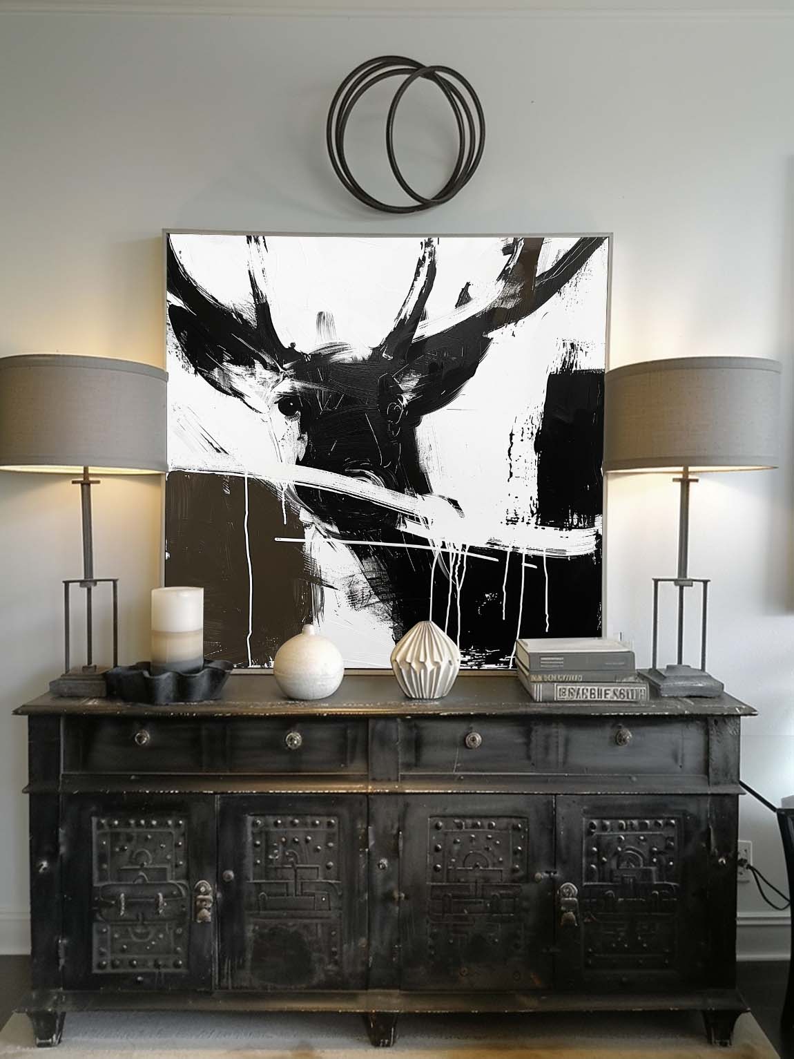 Large Black and White Deer Painting Retro Large Deer Canvas Art Retro Minimalist Deer Canvas Large Wall Decor