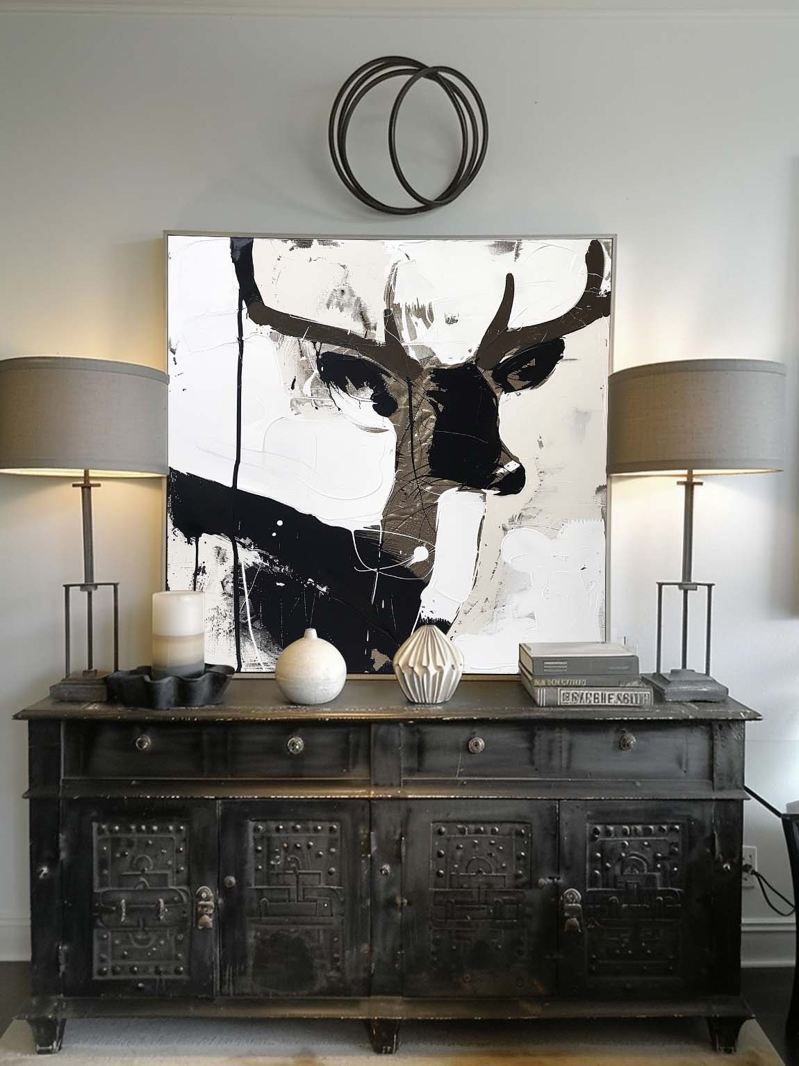 Vintage Black And White Stag Canvas Art Large Abstract Minimalist Deer Painting Deer Home Decor