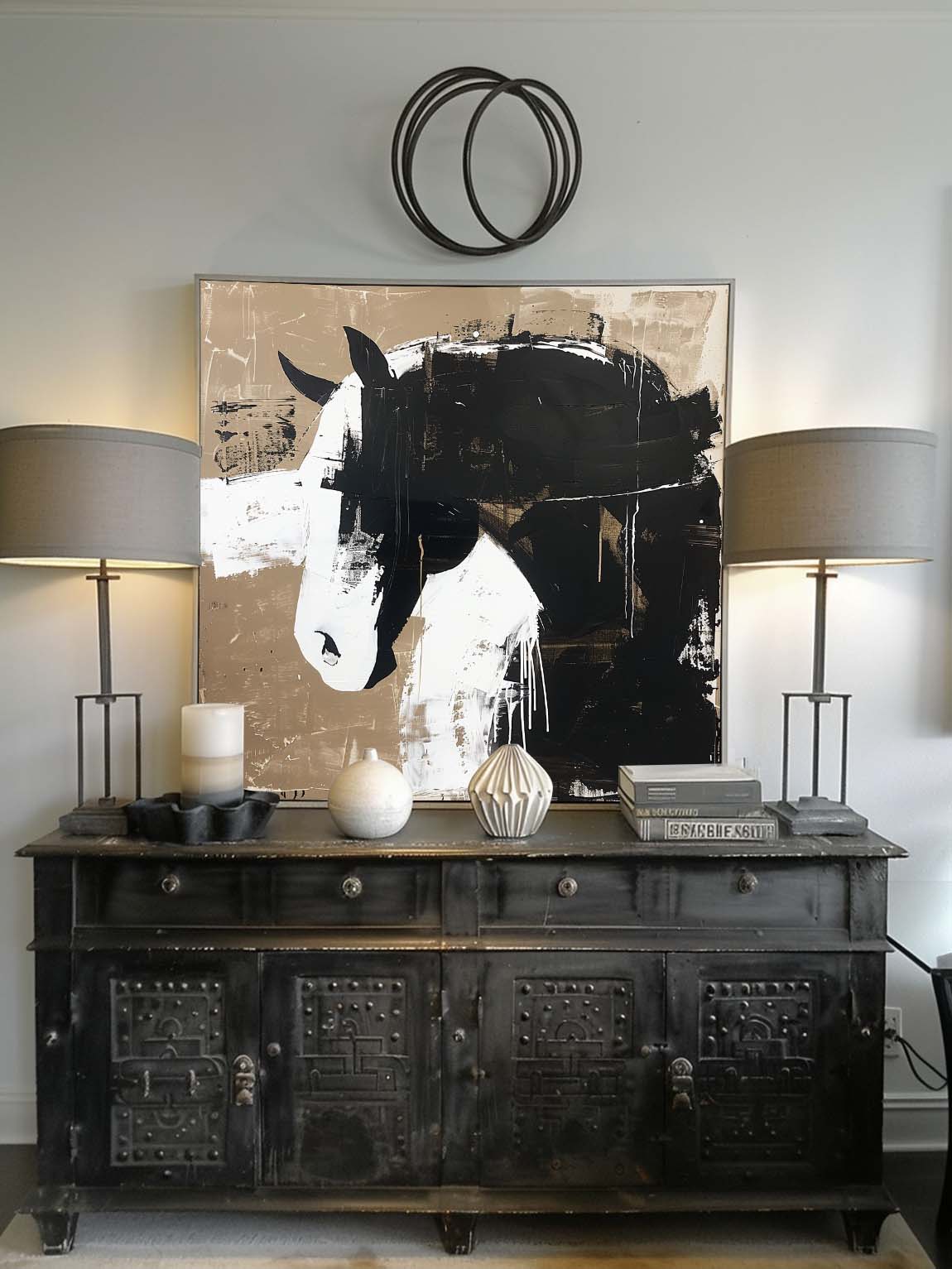 Original Vintage Black And White Horse Wall Art Retro Wabi Sabi Oil Painting Retro Neutral Decor