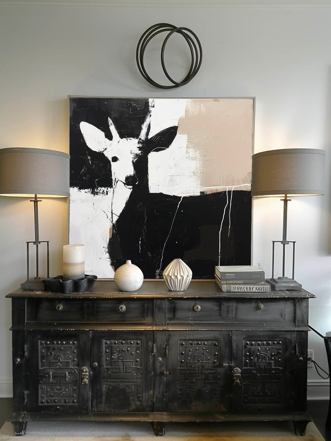 Retro Original Black And White Deer Painting Large Black And White Canvas Art Retro Minimalist Deer Painting On Canvas