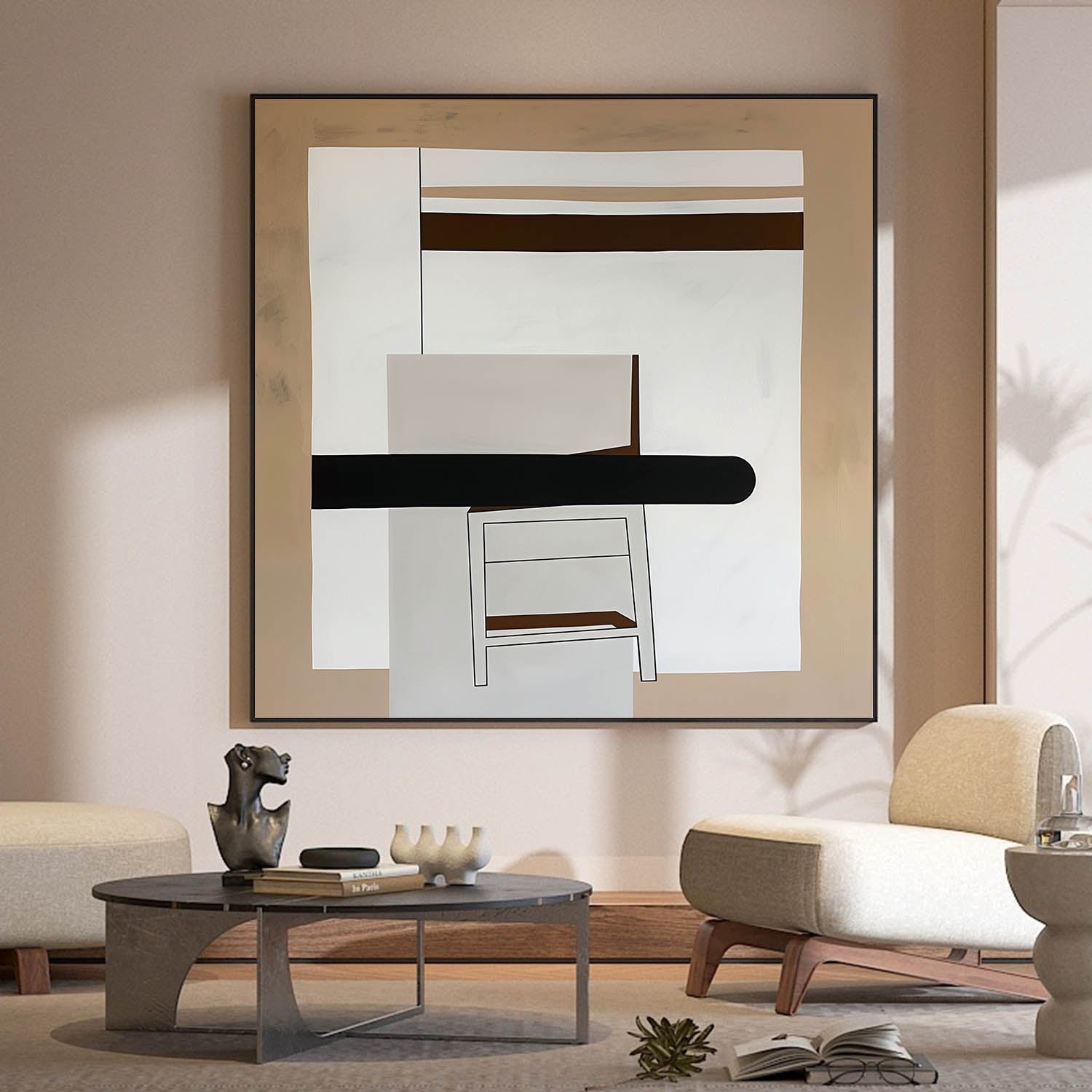 Large Retro Abstract Oil Painting Beige And Black Retro Wall Art Vintage Abstract Oil Painting