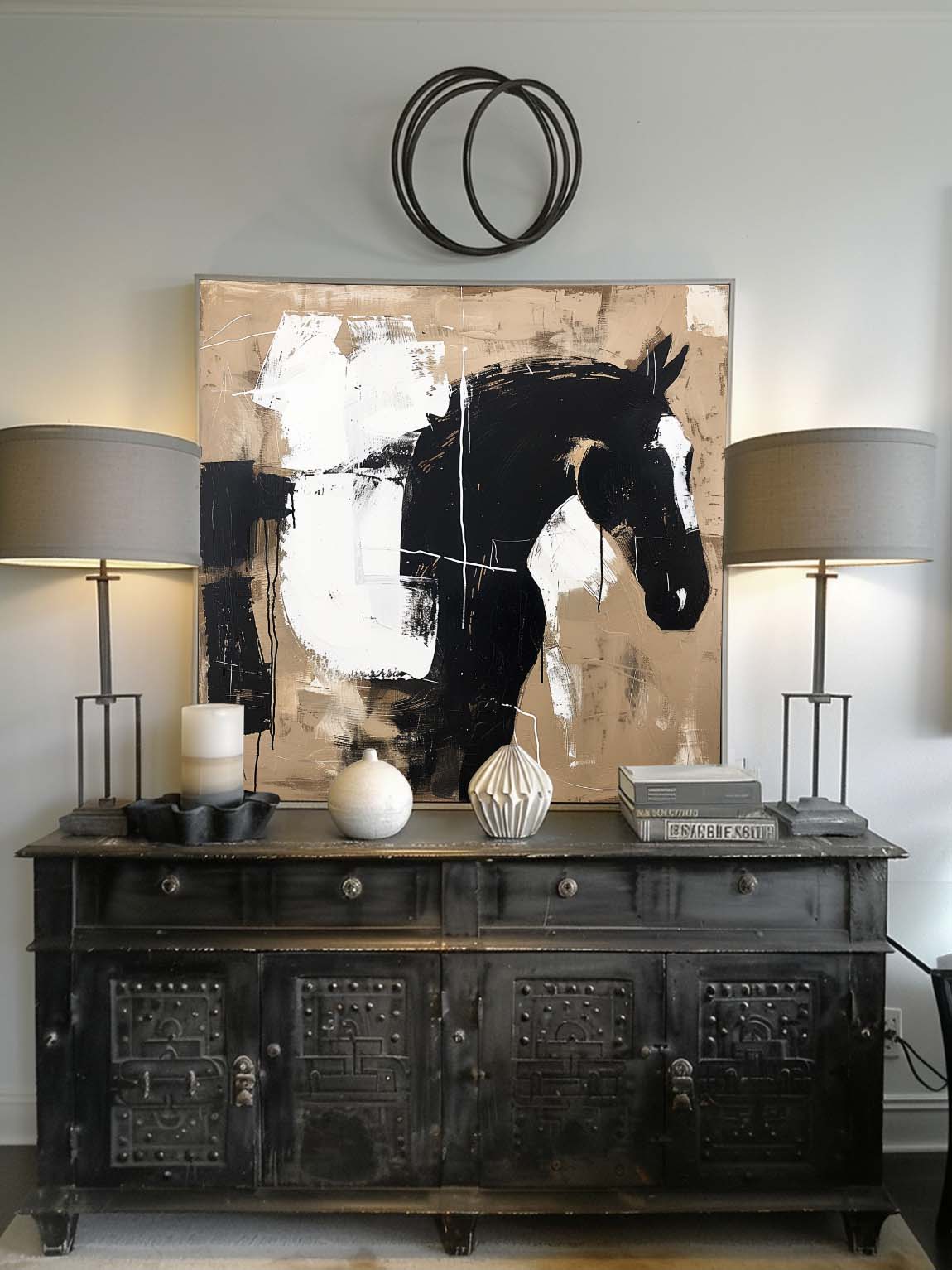 Vintage White Horse Oil Painting Black and White Abstract Horse Oil Painting on Canvas Black Abstract Painting