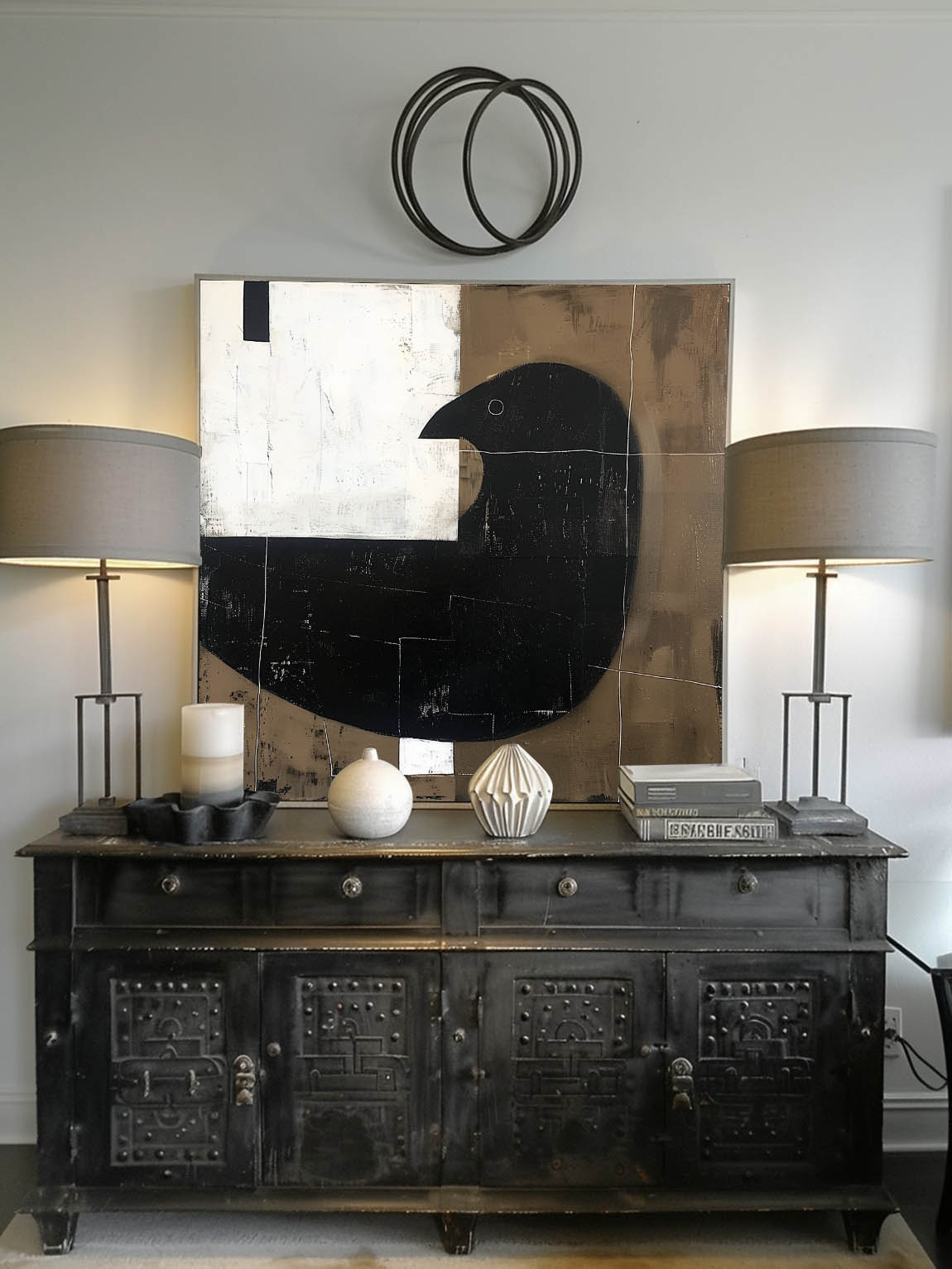 Vintage Black And White Dove Canvas Art Large Abstract Minimalist Bird Painting Retro Dove Wall Art