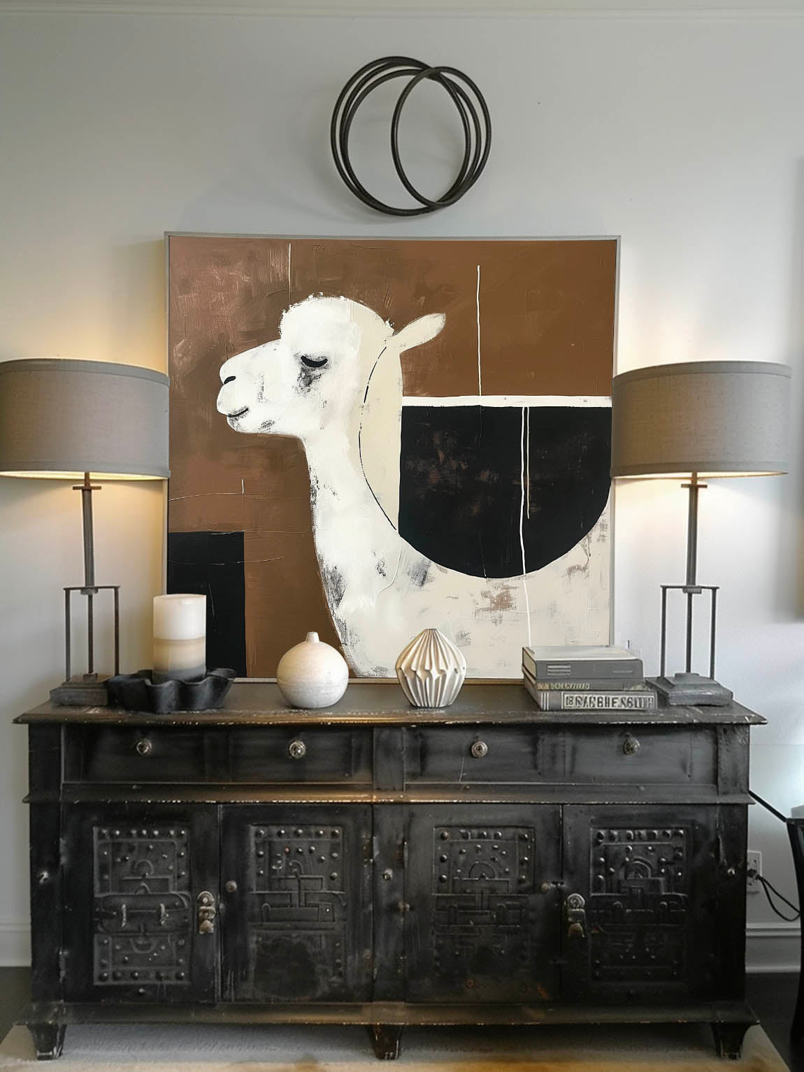 Vintage Black and White alpaca Painting on Canvas Neutral Background Wall Art Retro Abstract alpaca Art