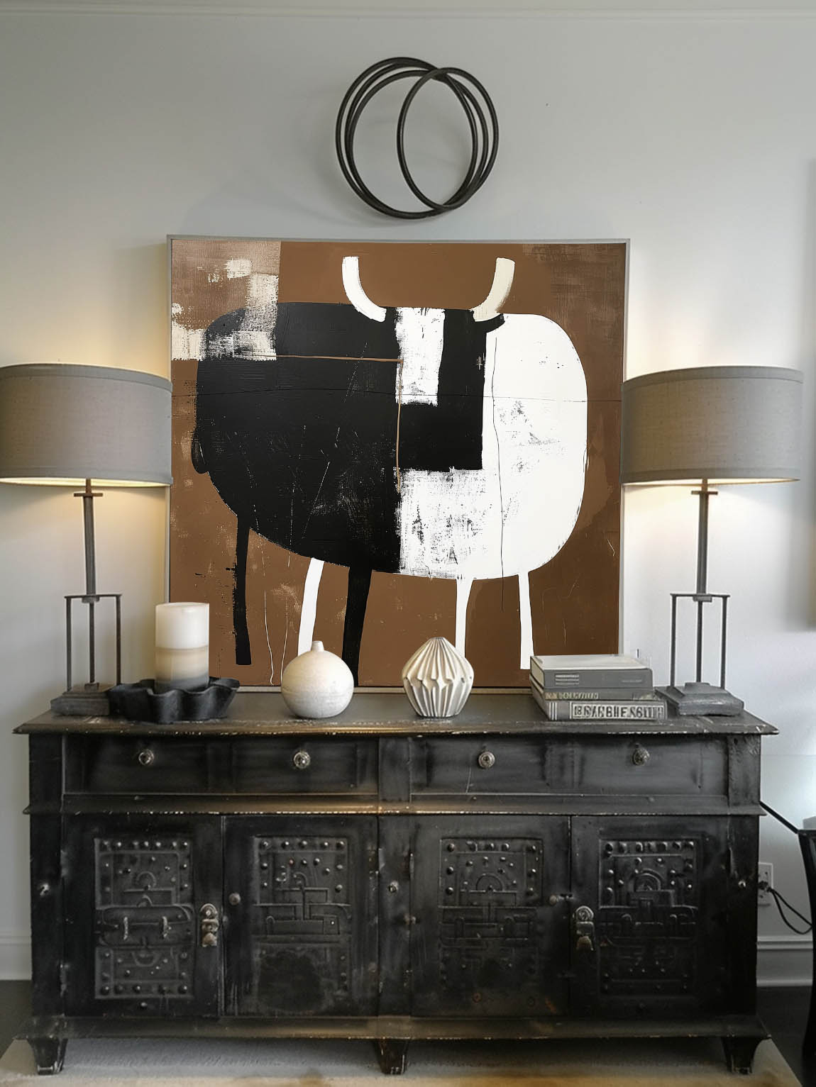 Large Vintage Wabi Sabi Black & White Canvas Art Retro Abstract Canvas Painting Large Canvas Wall Decor