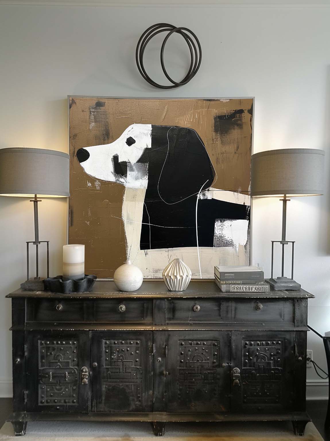 Vintage Black and White Dog Original Oil Painting Large Original Dog Canvas Wall Art Vintage Minimalist Art