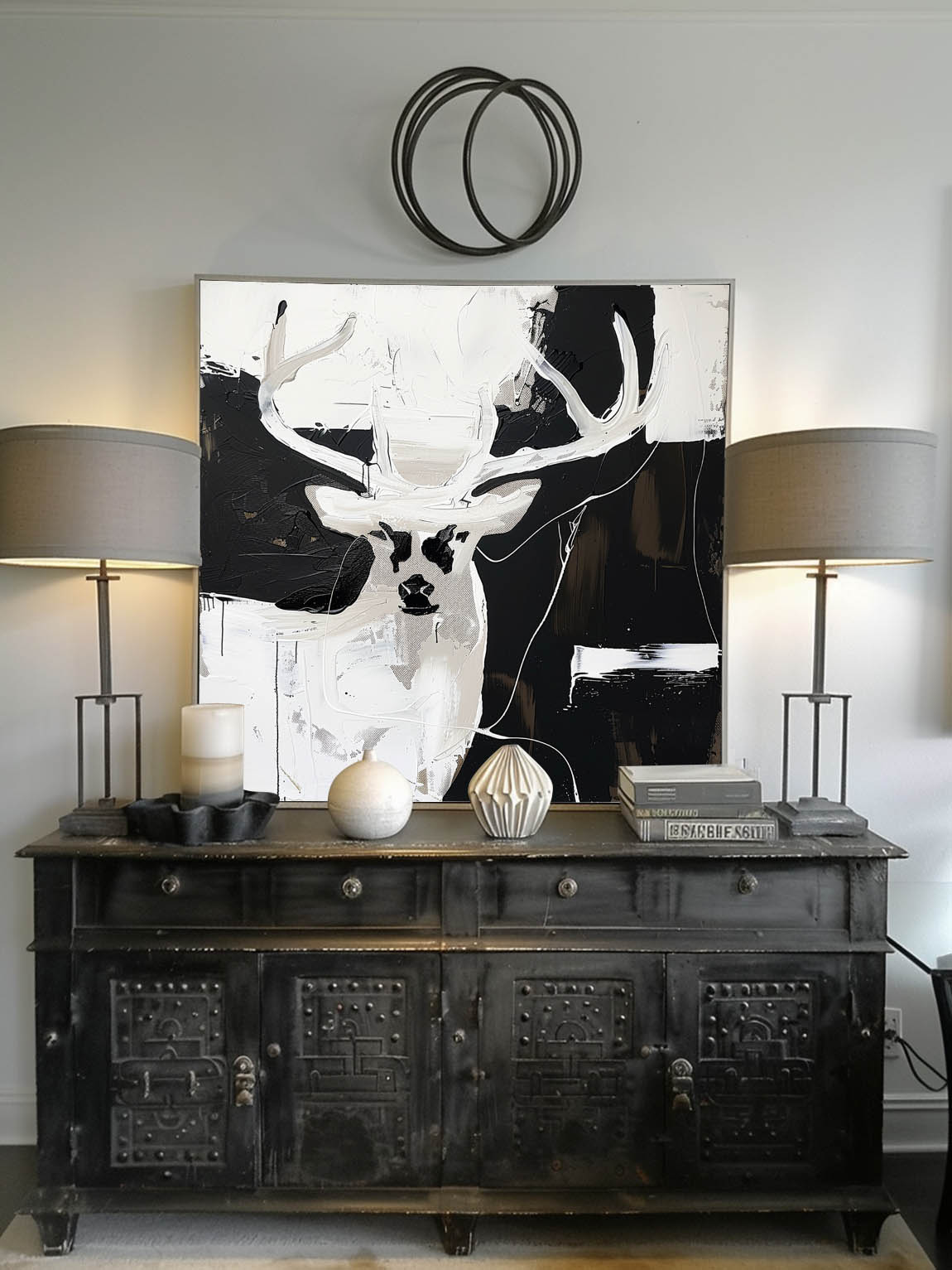 Vintage-Inspired Neutral Deer Painting Black And White Deer Painting Large Black And White Abstract Canvas Art