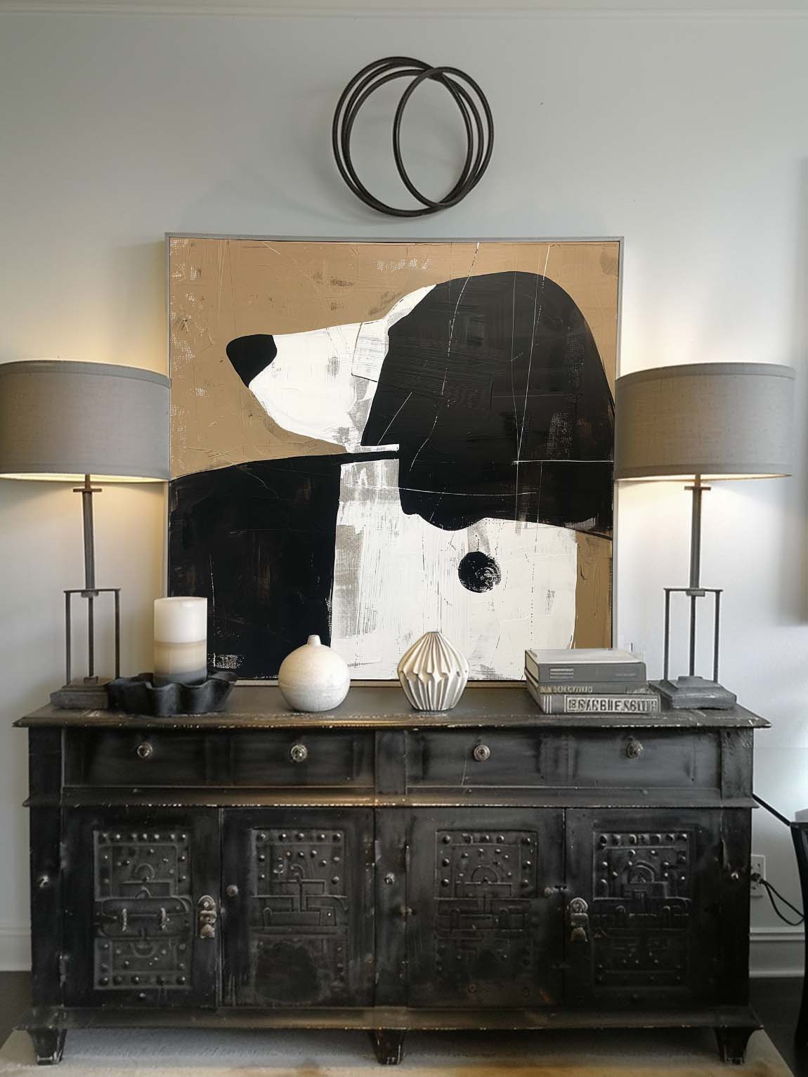 Vintage Black and White Dog Canvas Art Large Vintage Dog Oil Painting Vintage Canvas Wall Art