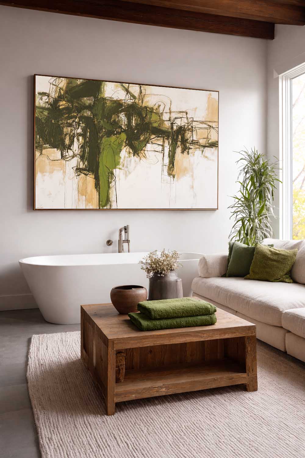Handmade Horizontal Olive Green Abstract Canvas Art Minimalist Horizontal Green Abstract Oil Painting