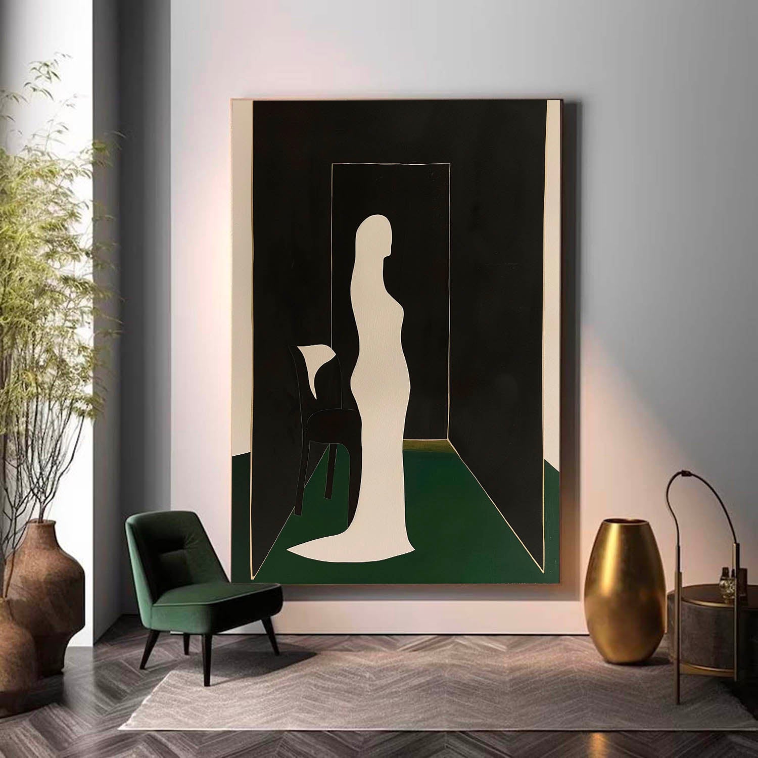Vintage Standing Woman Wall Art Original Woman Painting On Canvas Mid Century Artwork