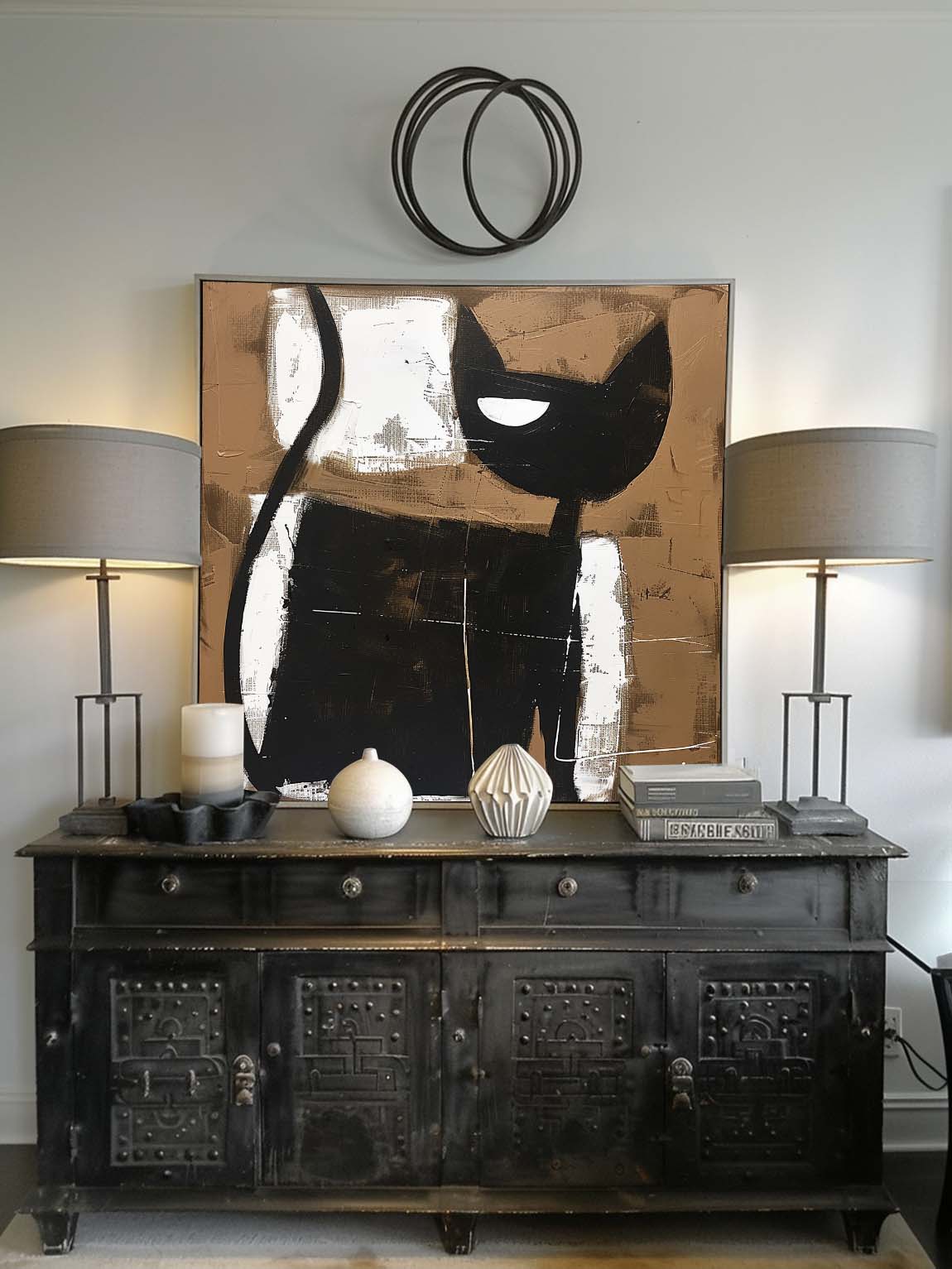 Retro Abstract Cat Painting Vintage Large Cat Wall Art Large Black And White Cat Painting Retro Neutral Home Decor